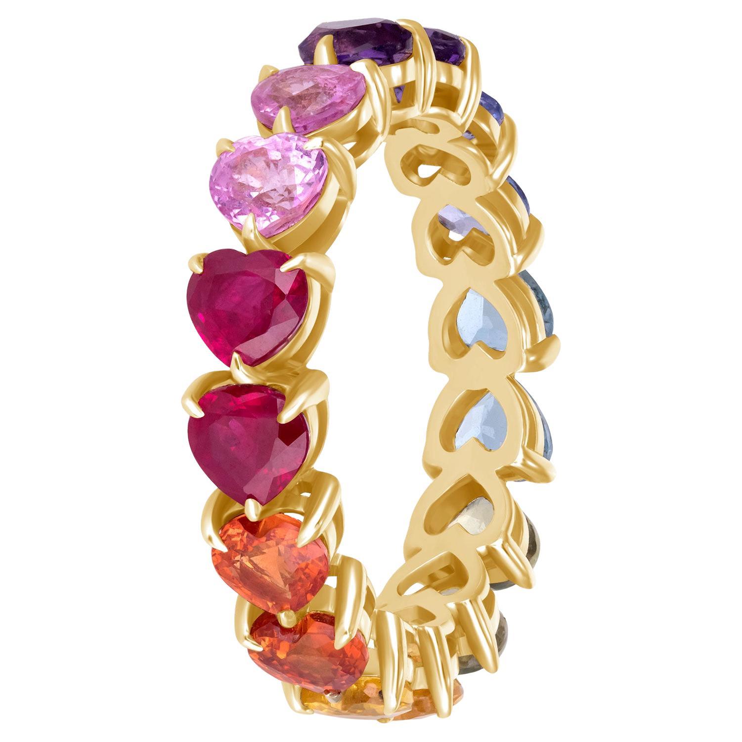 14K Gold Rainbow Eternity Ring with Double Gemstone Row – Size 4