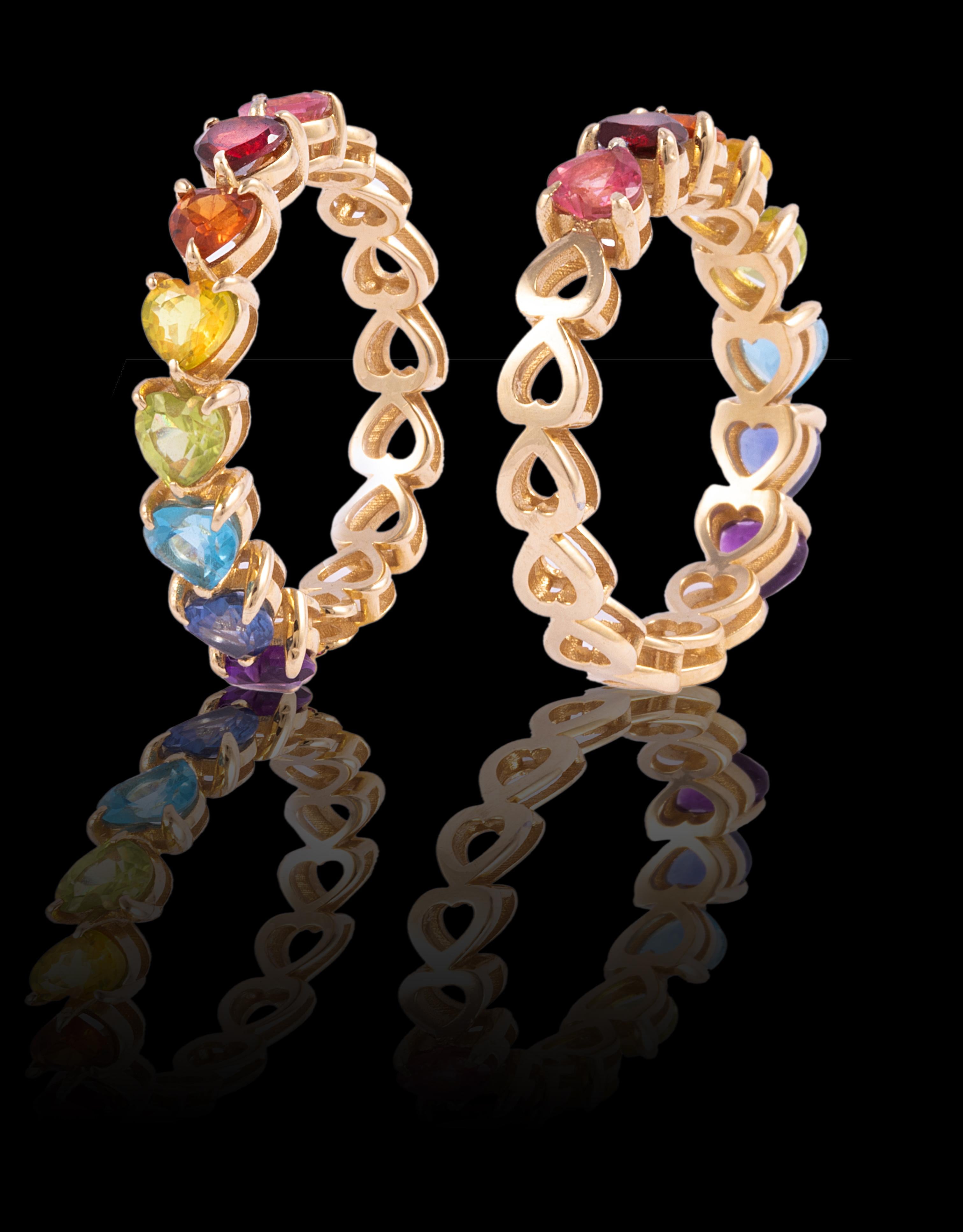 As the first fine jewelry piece from the house of Mordekai, we are celebrating one of our iconic themes, the Rainbow. This unique ring is made of 14k gold, and hand-set with the finest hand-selected, colored stones and gems sourced from all over the