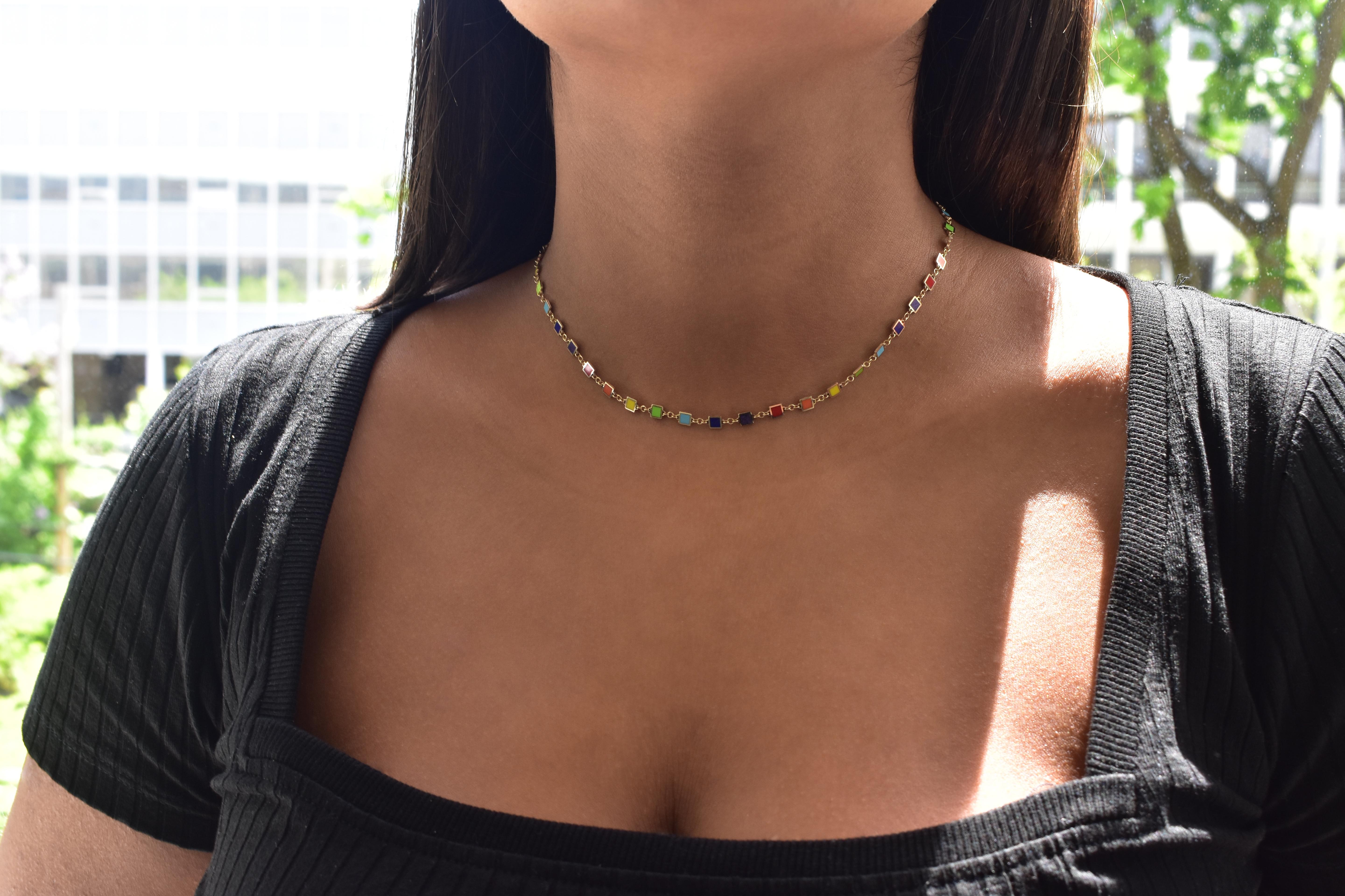 Contemporary 14K Gold Rainbow Inlay Necklace For Sale