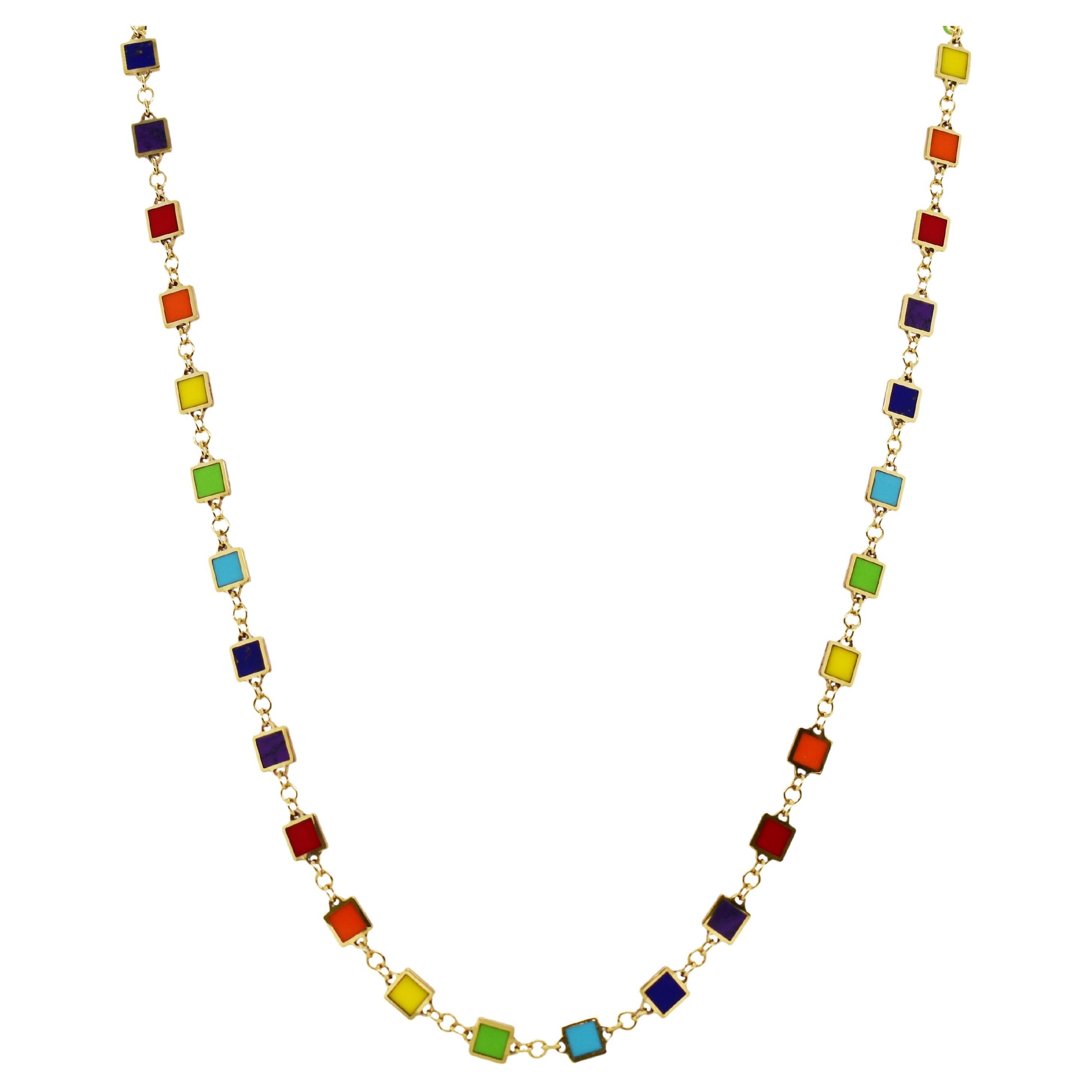 14K Gold Rainbow Inlay Necklace For Sale