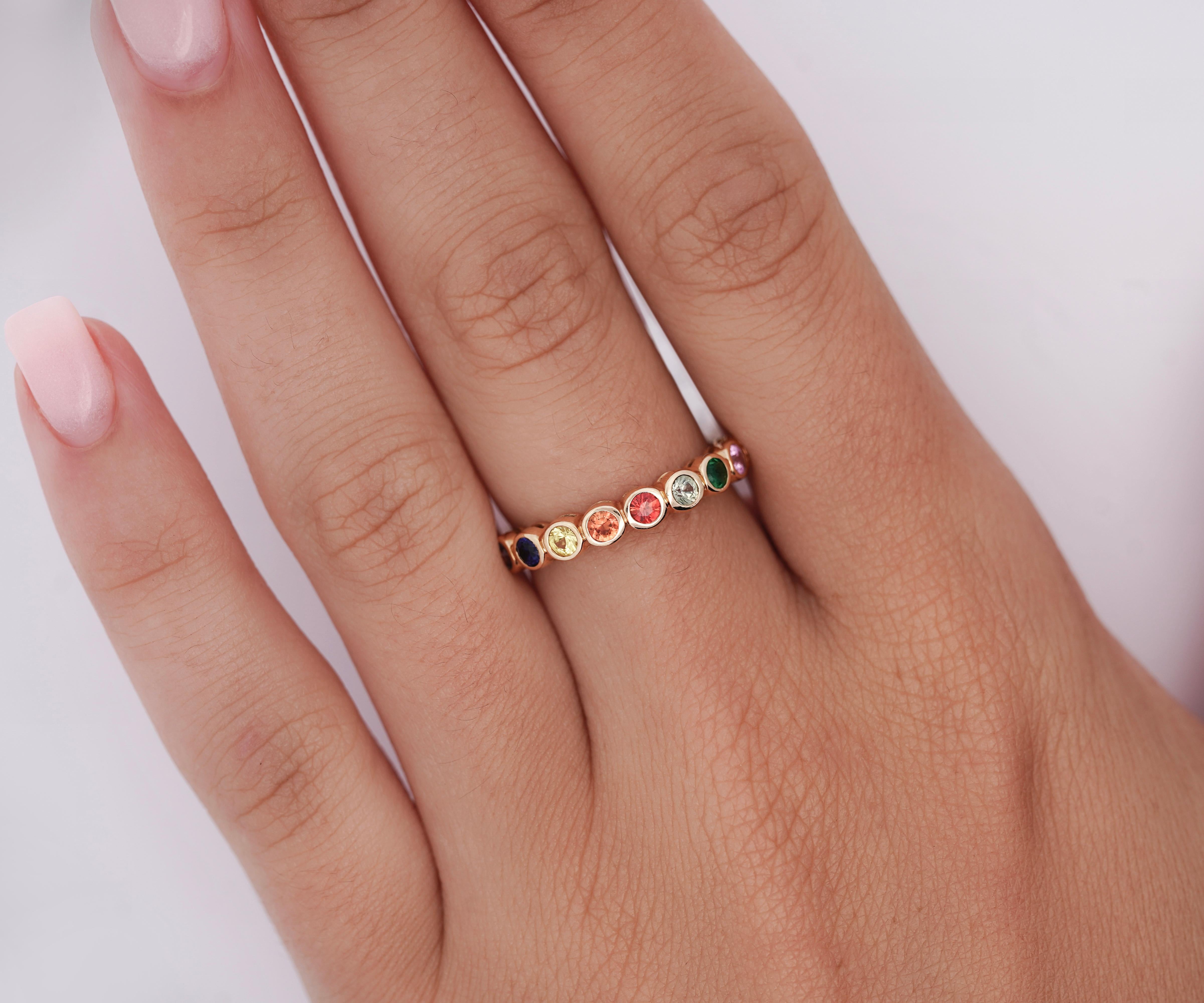 da uomo o donna Anello a fascia impilabile con pietre preziose incastonate in oro 14K Rainbow Multi Color Bezel Set in vendita