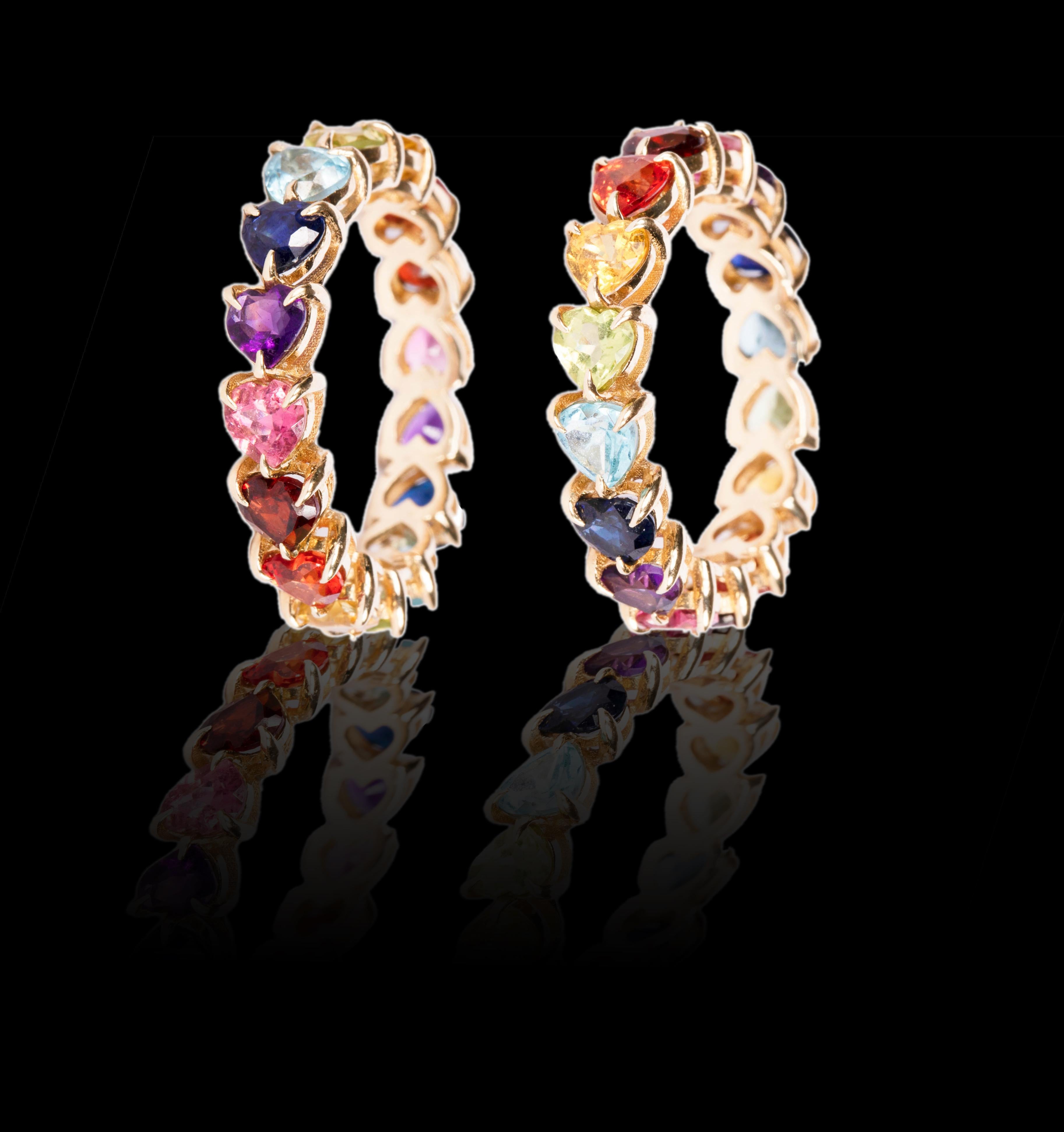 As the first fine jewelry piece from the house of Mordekai, we are celebrating one of our iconic themes, the Rainbow! This unique ring is made of 14k gold, and hand-set with the finest hand-selected, colored stones and gems sourced from all over the