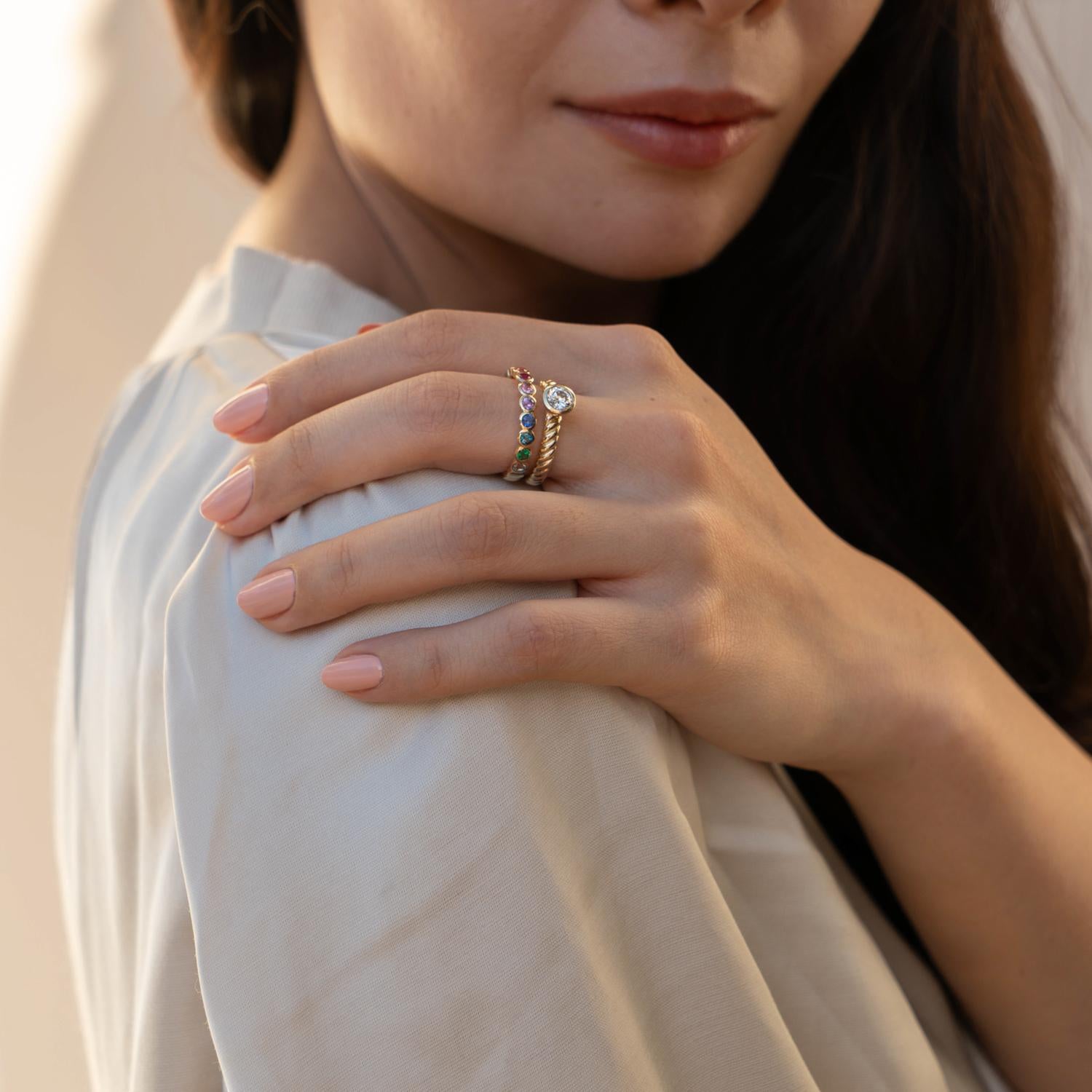 14k Gold & Rainbow Sapphire Dotty Half Eternity Ring For Sale 1