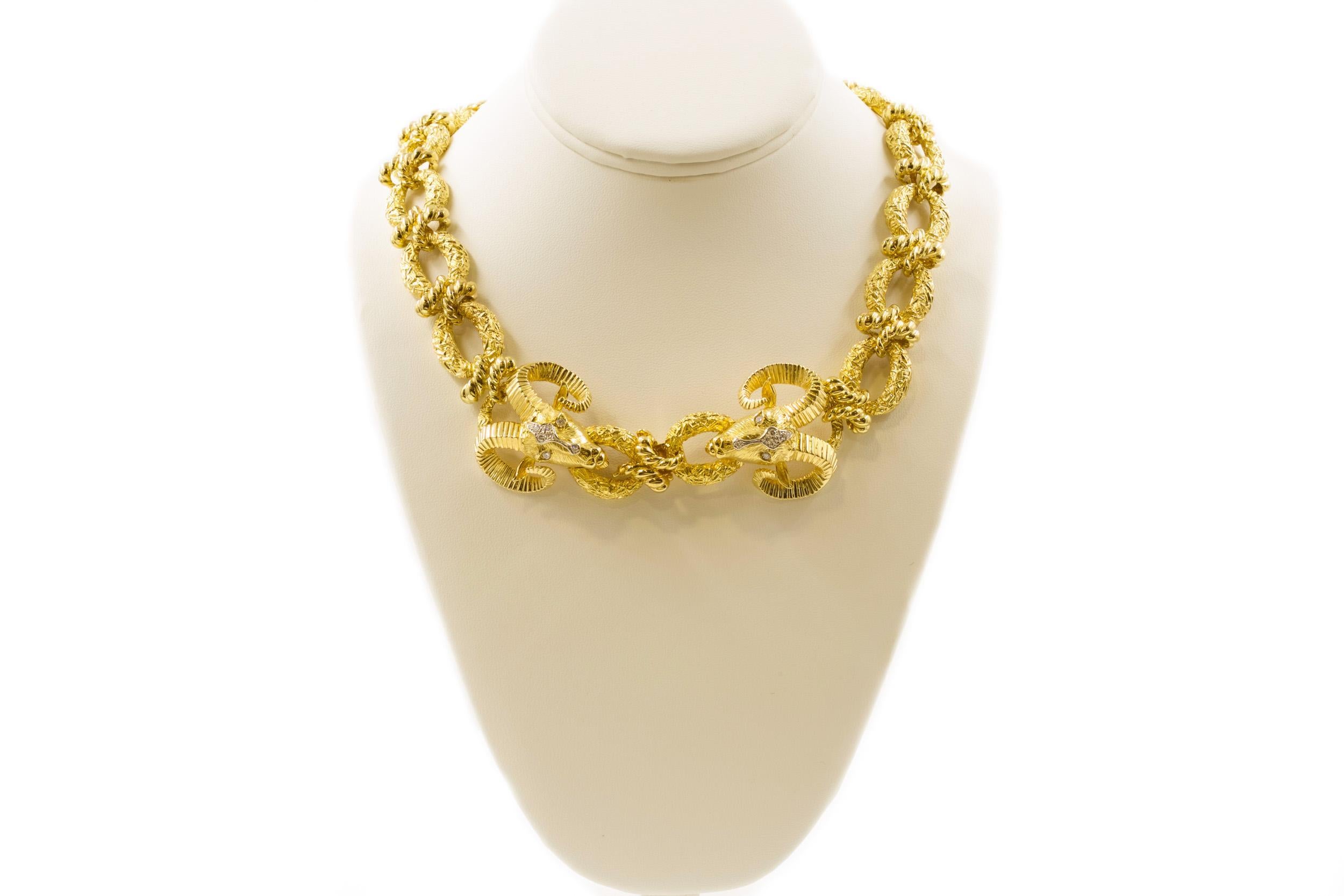 American 14k Gold Ram's Head Necklace, Bracelet and Ring by La Triomphe, 250.7 grams