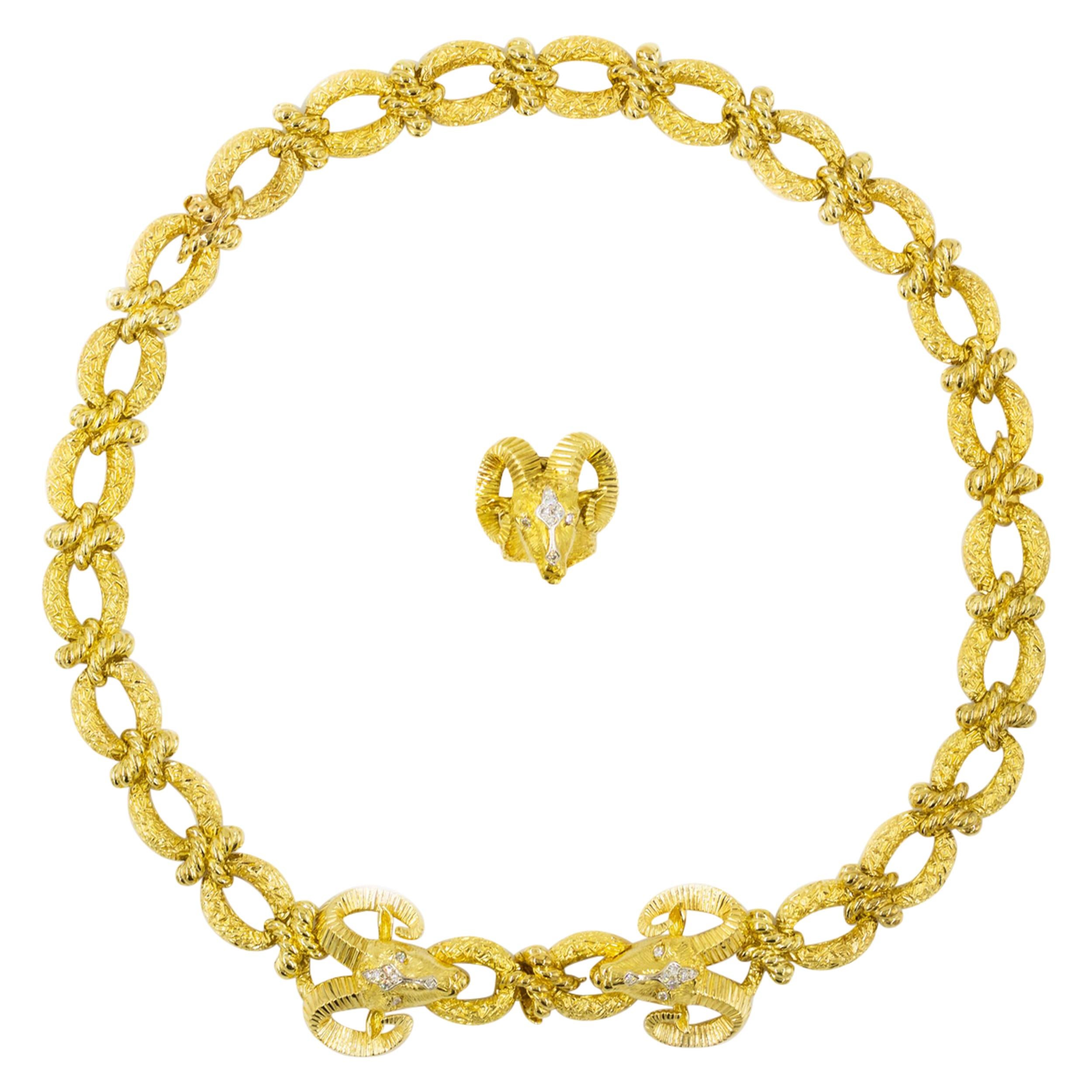 14k Gold Ram's Head Necklace, Bracelet and Ring by La Triomphe, 250.7 grams