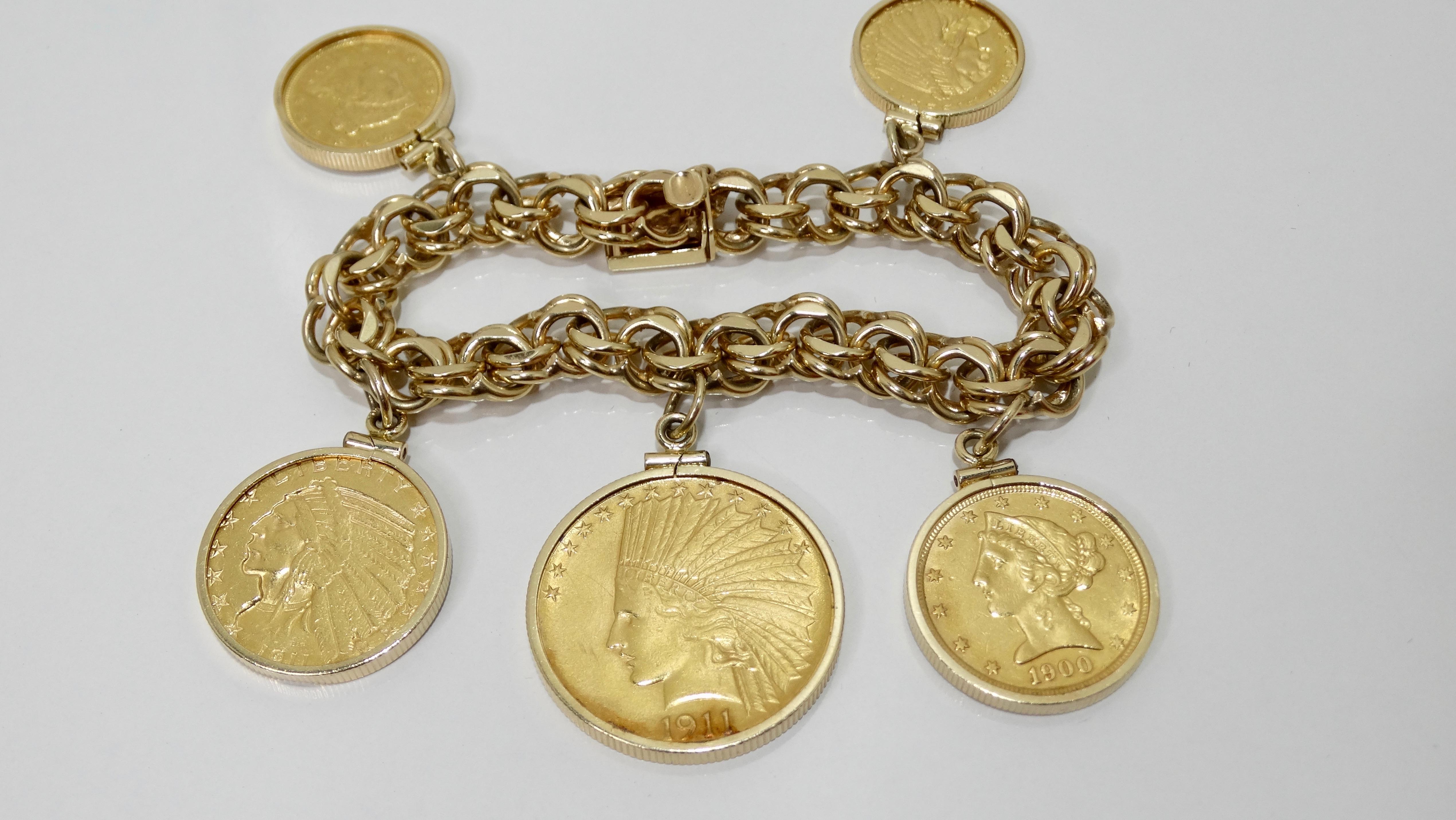 Complete your vintage jewelry collection with this amazing vintage coin charm bracelet! Circa mid 20th century, this bracelet features a 14k gold overlapping double link chain with a box clasp closure. Hanging off the bracelet is a variety of pure