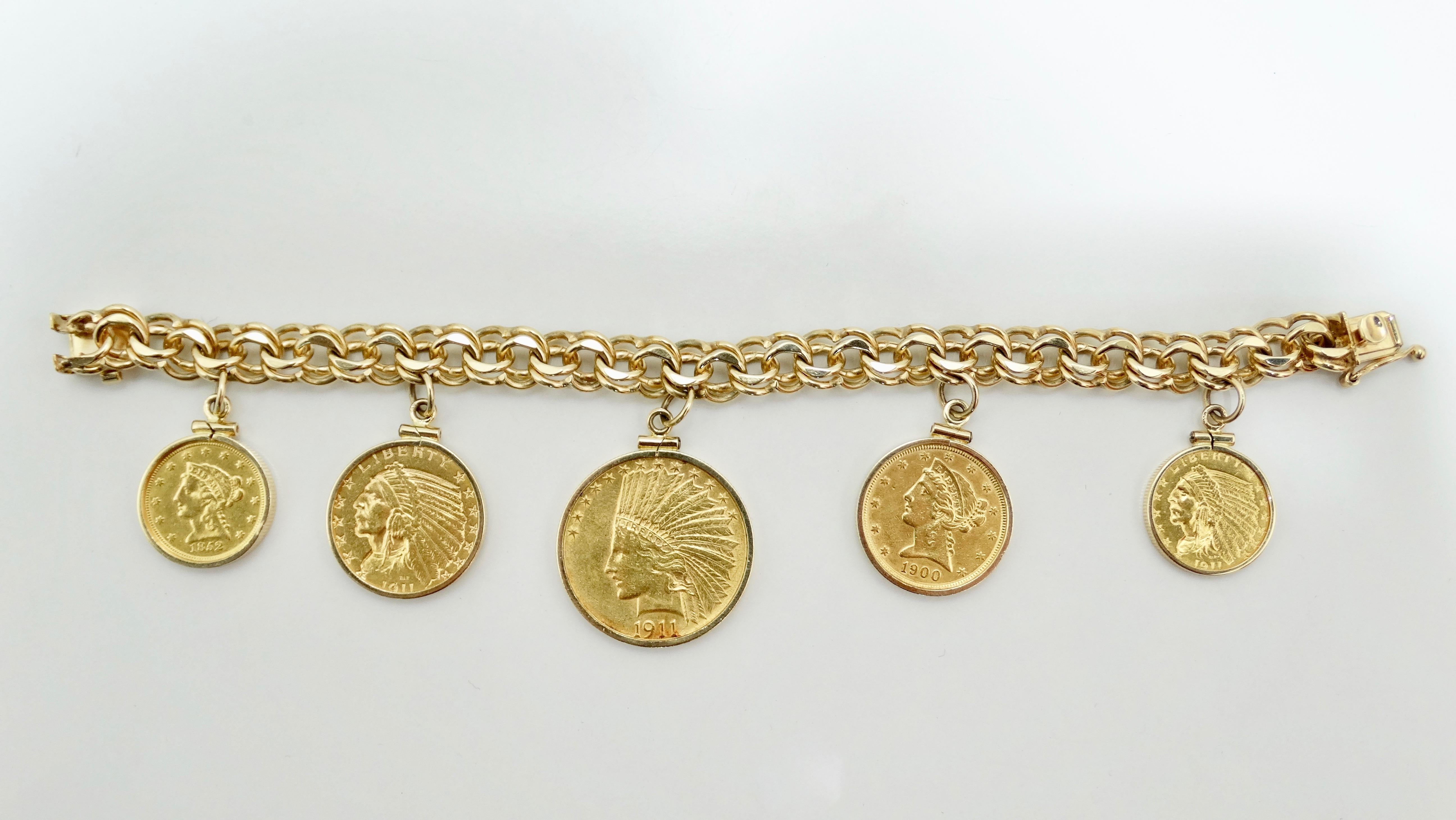 Coin Charm Bracelet 14k Gold Rare Vintage  In Good Condition In Scottsdale, AZ