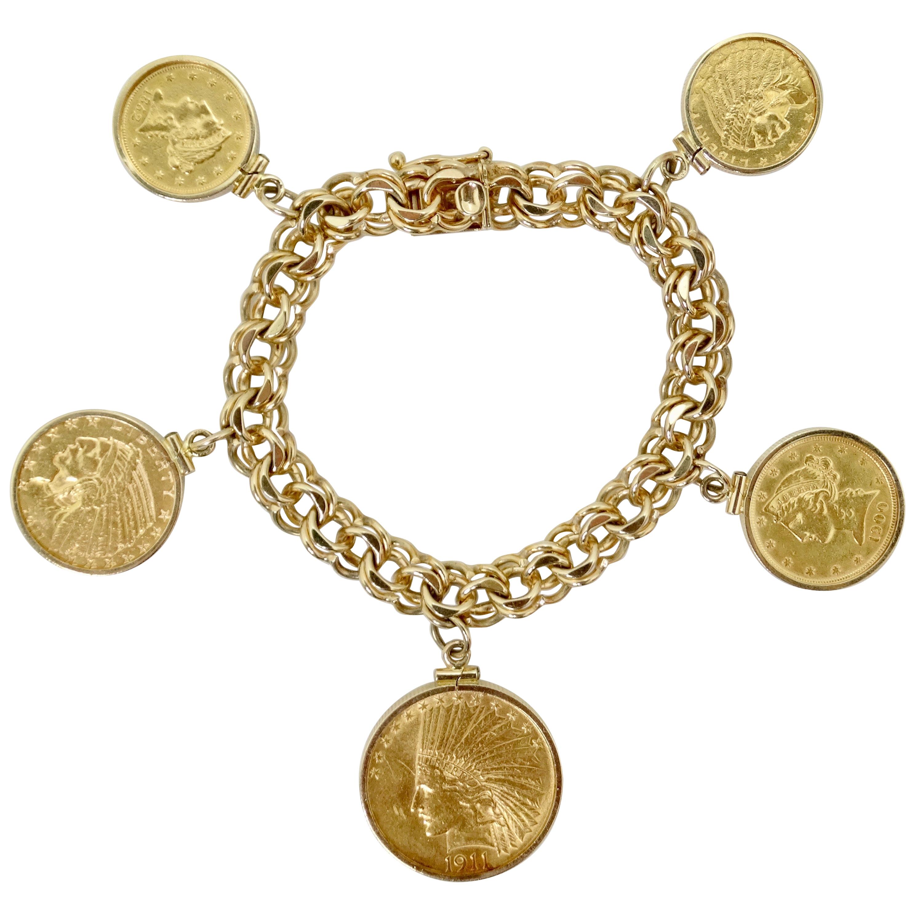 Coin Charm Bracelet 14k Gold Rare Vintage 