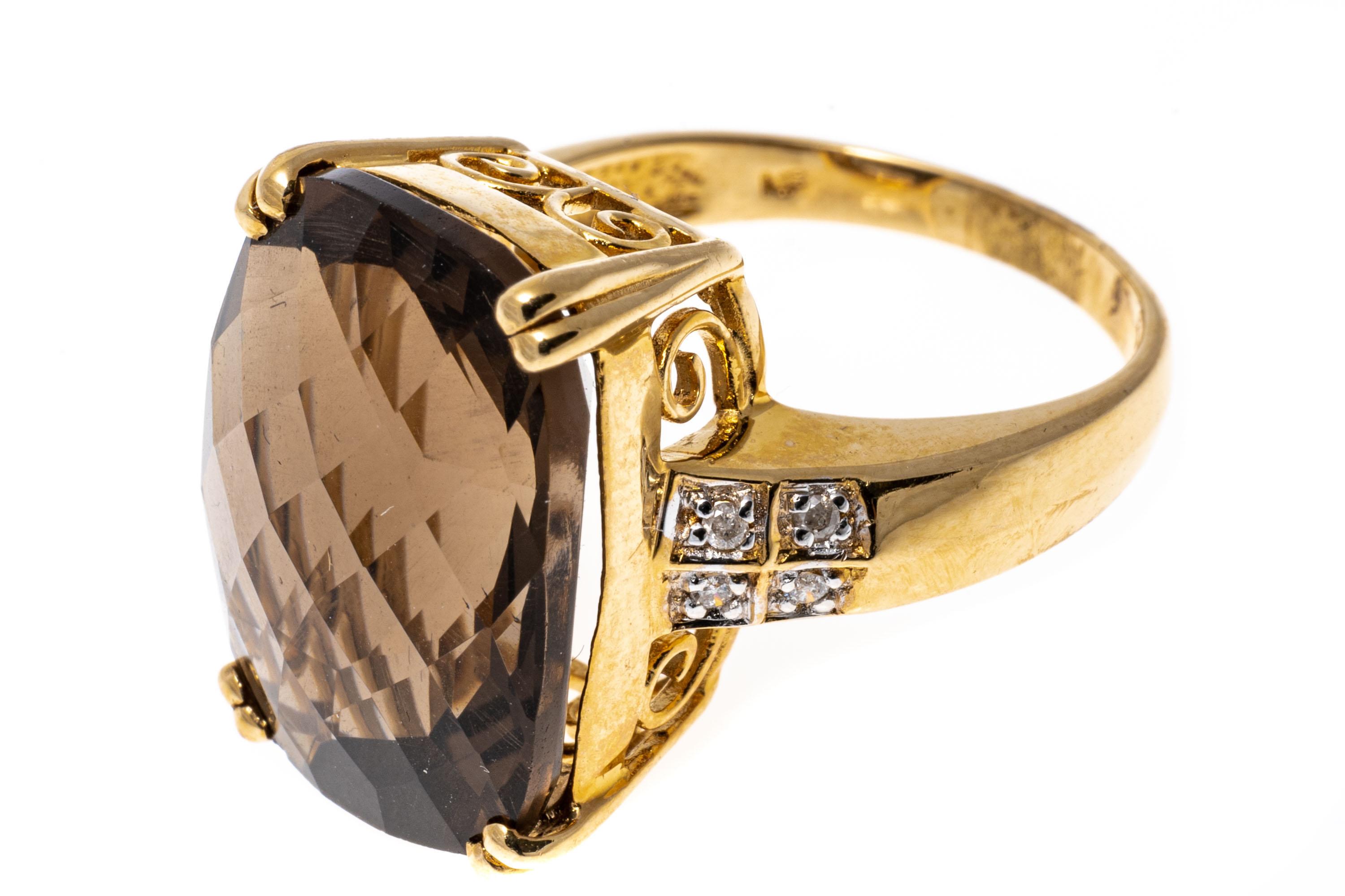 Contemporary 14k Gold Rectangular Checkerboard Dark Smoky Quartz and Diamond Ring For Sale