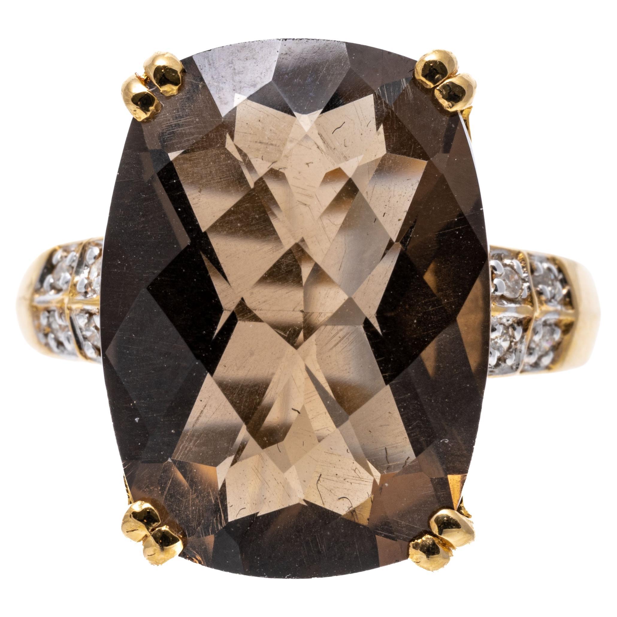14k Gold Rectangular Checkerboard Dark Smoky Quartz and Diamond Ring For Sale