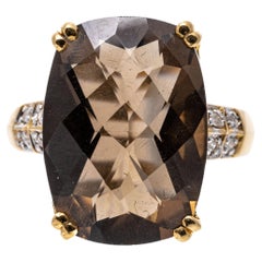 14k Gold Rectangular Checkerboard Dark Smoky Quartz and Diamond Ring