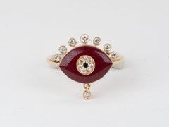 14K Gold Red Enamel Evil Eye Ring with Diamond Dangle and Spikes R6545