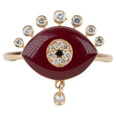 14K Gold Red Enamel Evil Eye Ring with Diamond Dangle and Spikes R6545