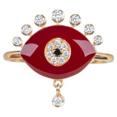 14K Gold Red Enamel Evil Eye Ring with Diamond Dangle and Spikes R6545