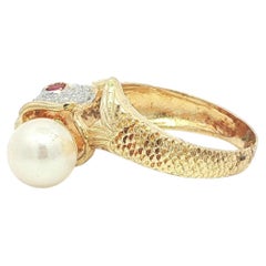 14k Gold Red Stone & Diamond Textured Wrap Fish Ring w/ Dangling Pearl at Mouth