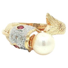 14k Gold Red Stone & Diamond Textured Wrap Fish Ring w/ Dangling Pearl at Mouth