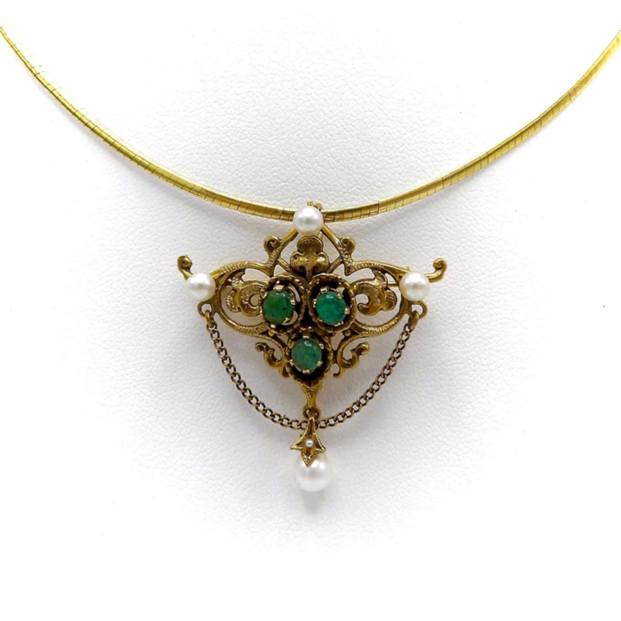Emerald Cut 14K Gold Renaissance Revival Emerald Cabochon and Pearl Brooch-Pendant For Sale