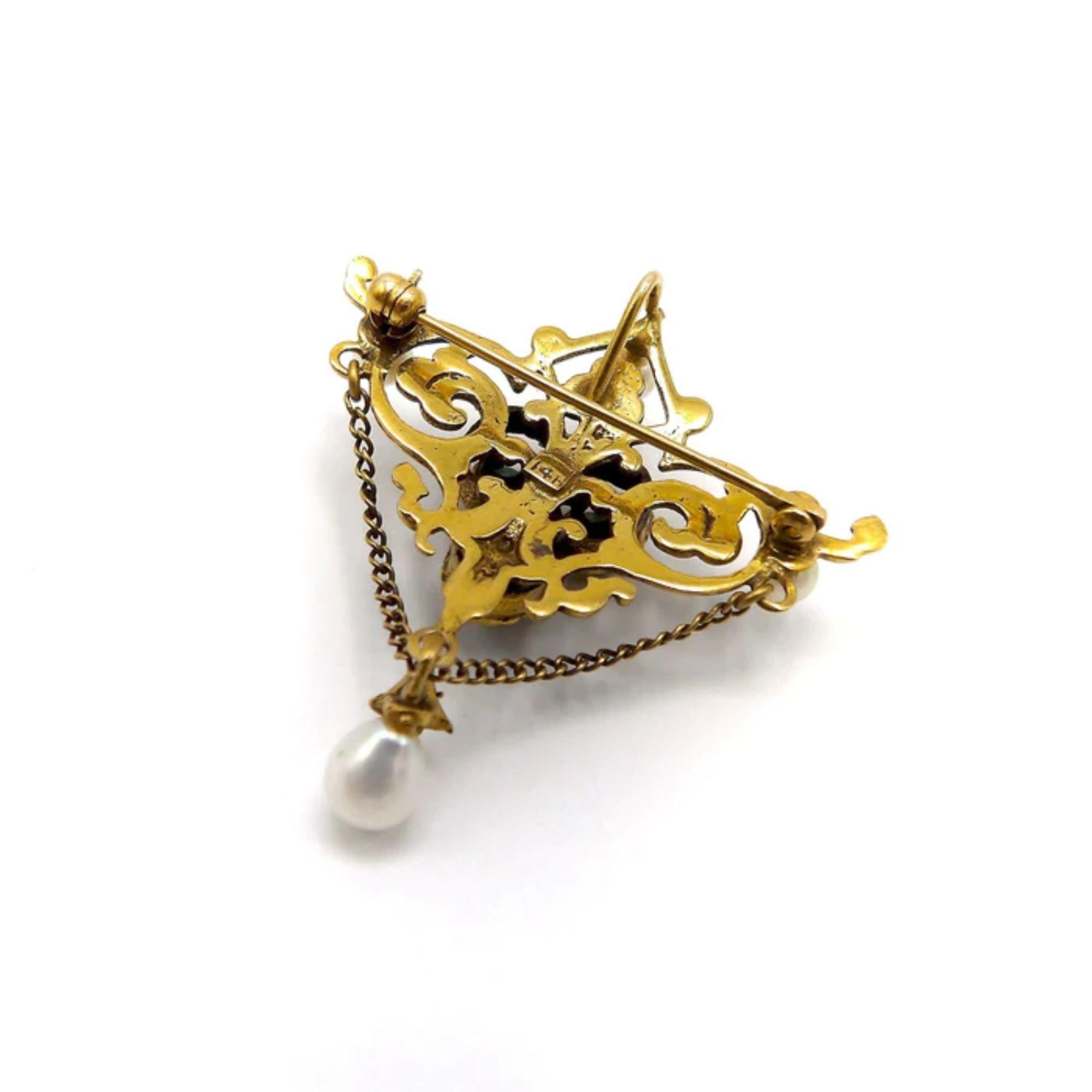 14K Gold Renaissance Revival Emerald Cabochon and Pearl Brooch-Pendant For Sale 1