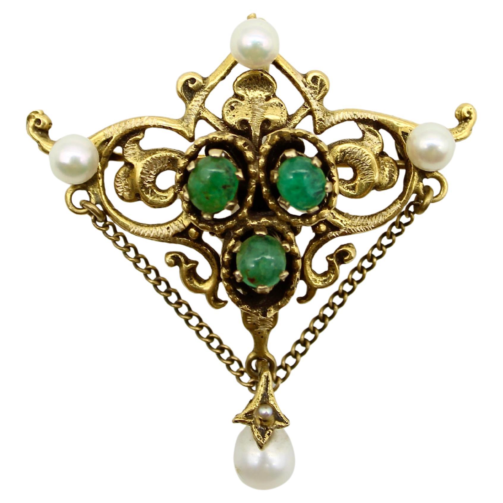 14K Gold Renaissance Revival Emerald Cabochon and Pearl Brooch-Pendant