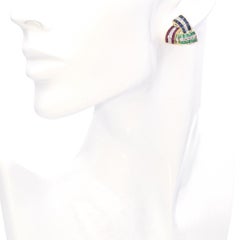 14K Gold Retro Emerald, Sapphire, Ruby and Diamonds Statement Earrings