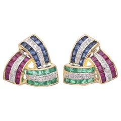 14K Gold Vintage Emerald, Sapphire, Ruby and Diamonds Statement Earrings