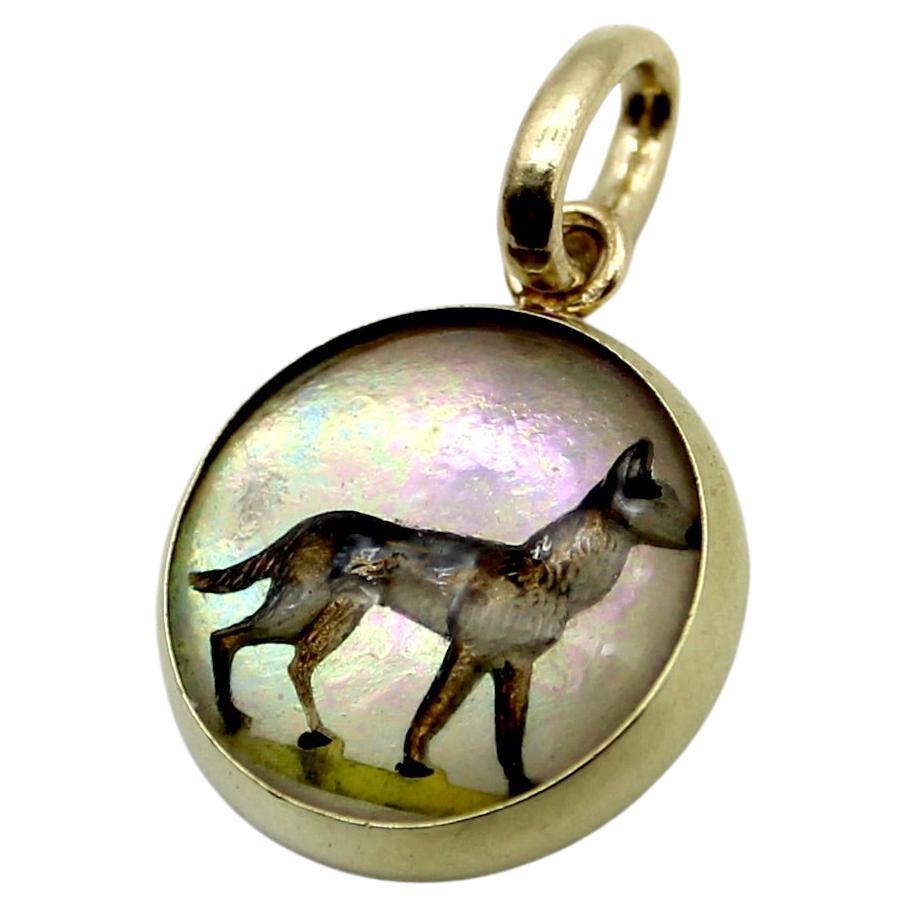 14K Gold Reverse Painted Dog Intaglio Pendant or Charm