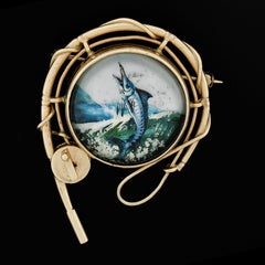 14k Gold Reverse Painted Marlin Fish Intaglio w/ Fishing Pole Frame Pin Brooch