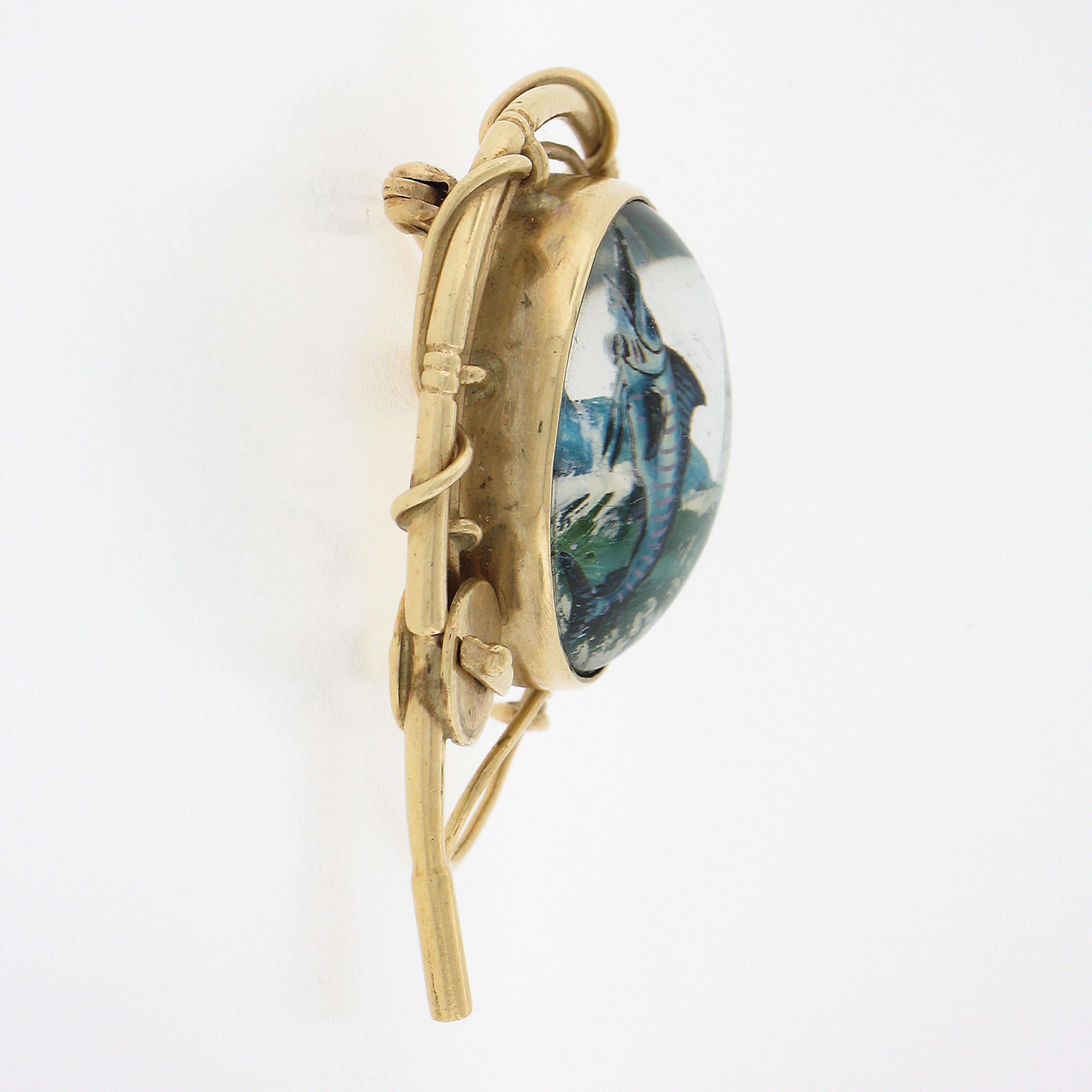 14k Gold Reverse Painted Marlin Fish Intaglio w/ Fishing Pole Frame Pin Brooch In Excellent Condition For Sale In Montclair, NJ