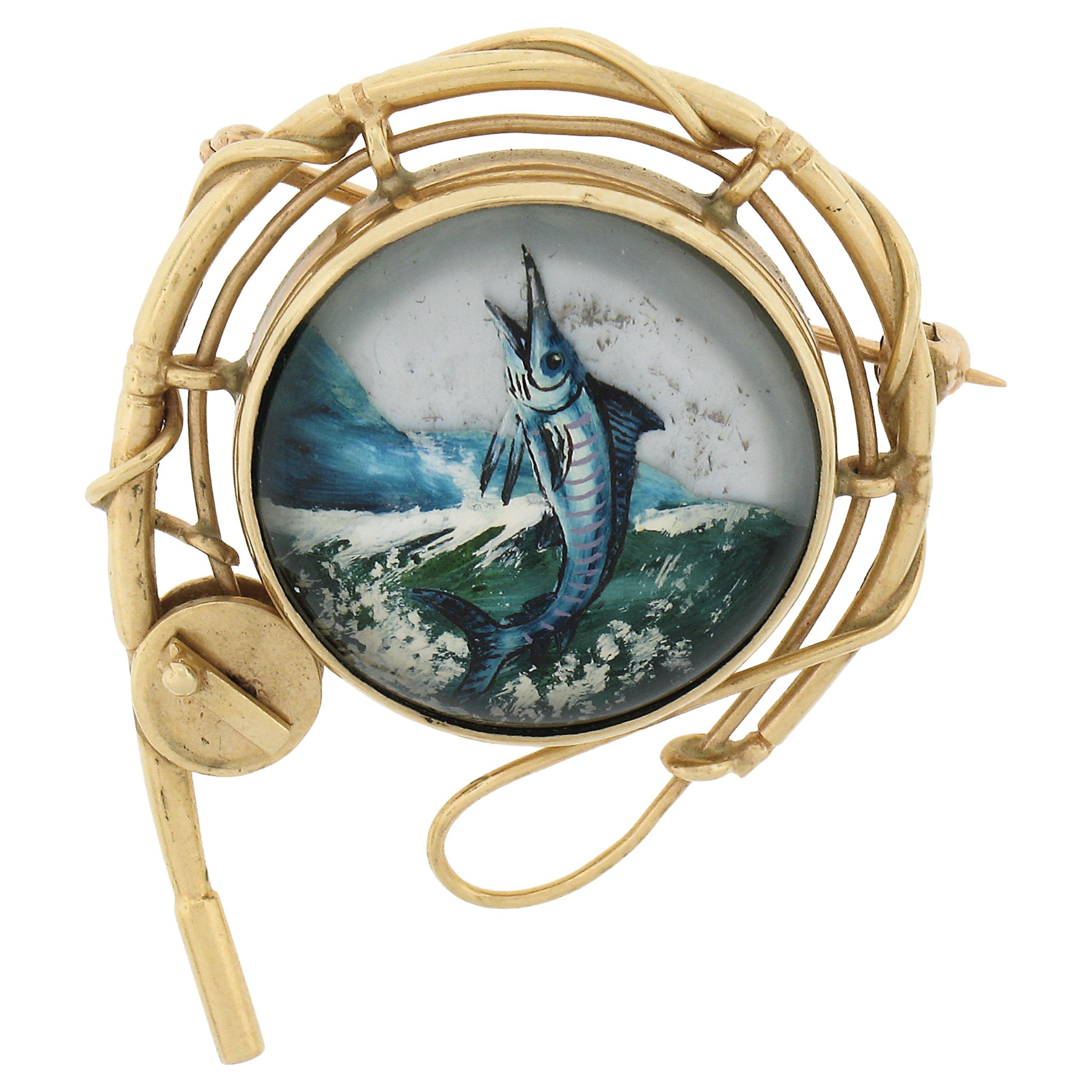 14k Gold Reverse Painted Marlin Fish Intaglio w/ Fishing Pole Frame Pin Brooch