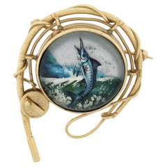 14k Gold Reverse Painted Marlin Fish Intaglio w/ Fishing Pole Frame Pin Brooch