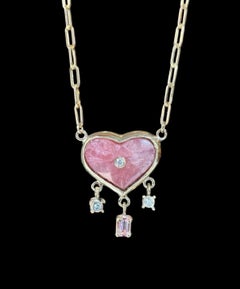 14k Gold Rhodochrosite Heart Necklace with Diamonds and Pink Spinel