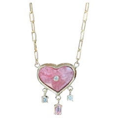14k Gold Rhodochrosite Heart Necklace with Diamonds and Pink Spinel