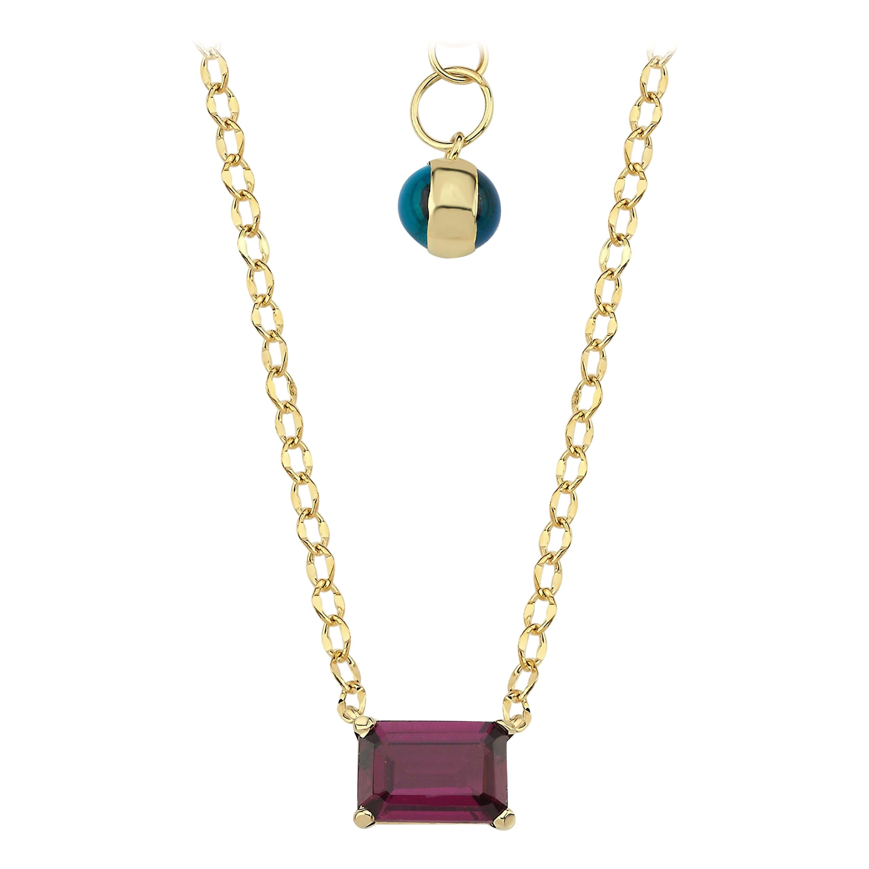 Collar de cadena con solitario de rodolita baguette de oro de 14k
