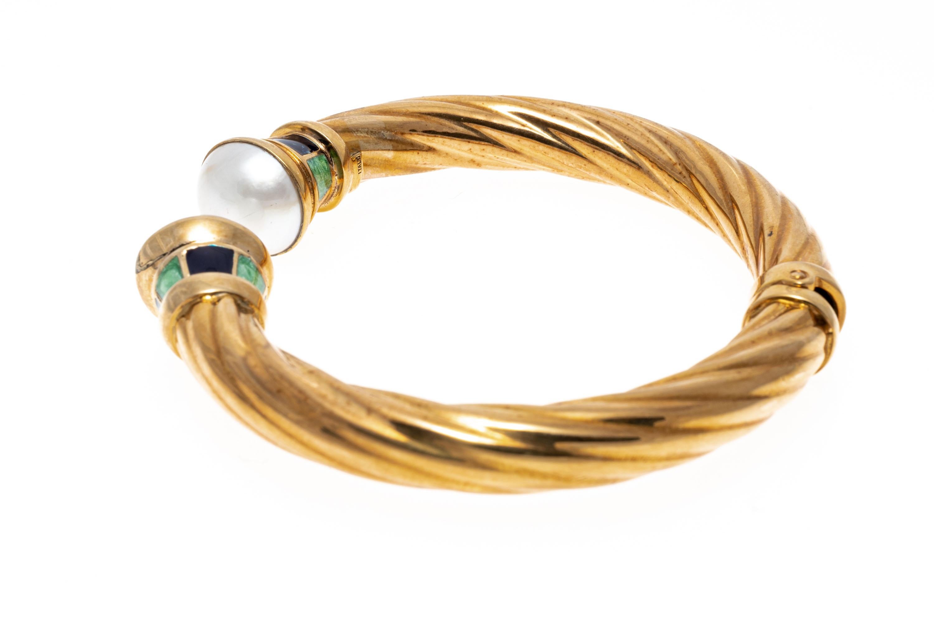 Women's 14k Gold Ribbed Open Cuff Bangle Bracelet Set with Mabe Pearls and Enamel