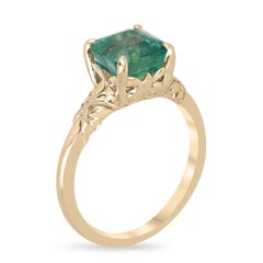 14K gold ring featuring a 2.37ct natural Asscher cut emerald in a regal floral
