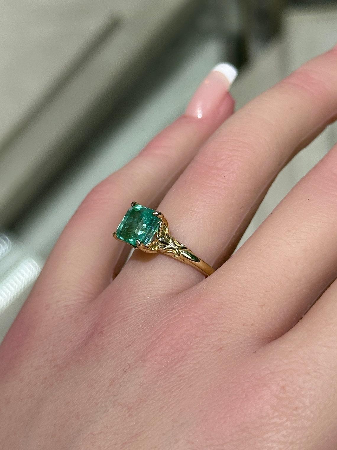 Asscher Cut 14K gold ring featuring a 2.37ct natural Asscher cut emerald in a regal floral For Sale