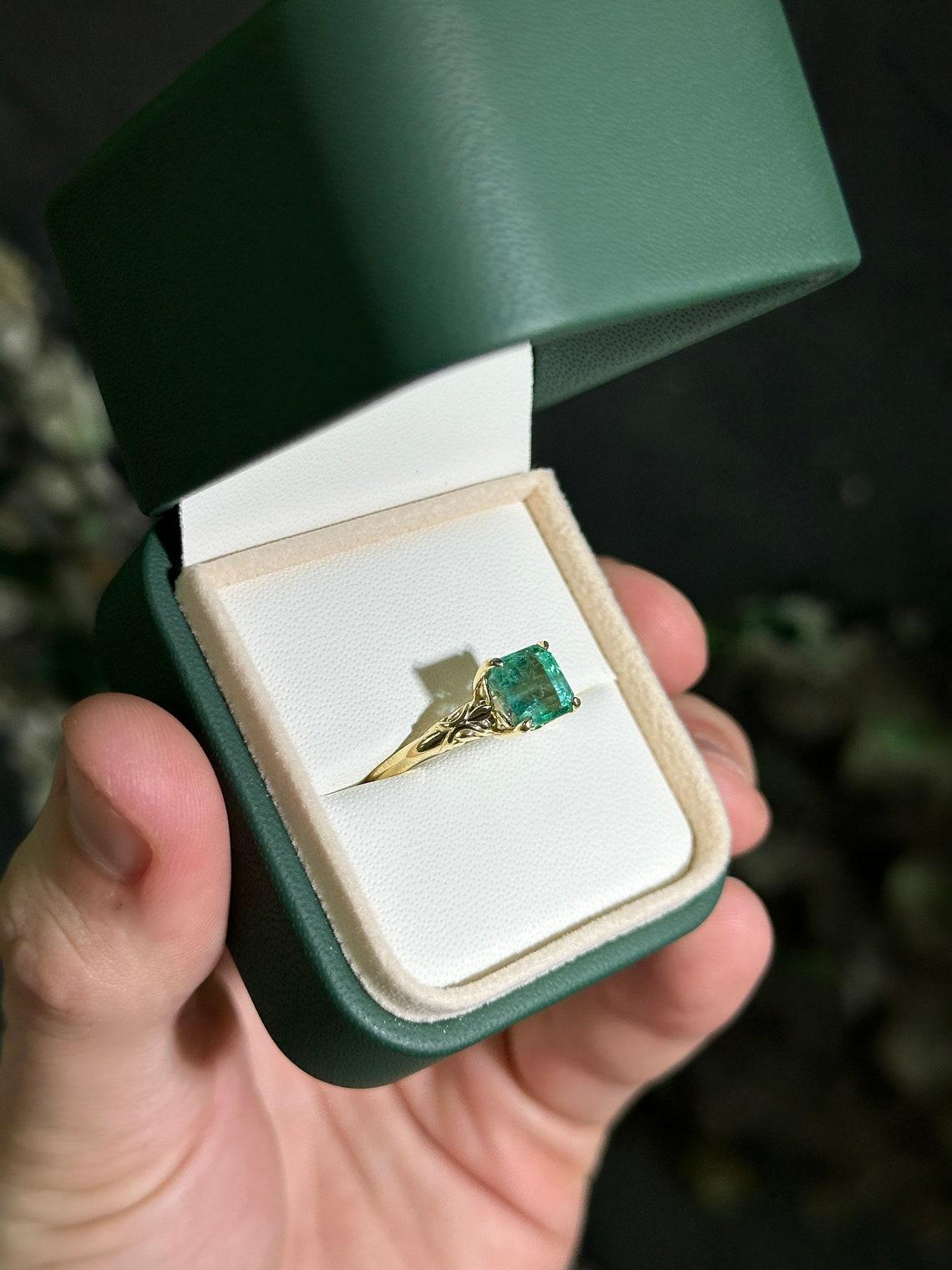 14K gold ring featuring a 2.37ct natural Asscher cut emerald in a regal floral For Sale 1
