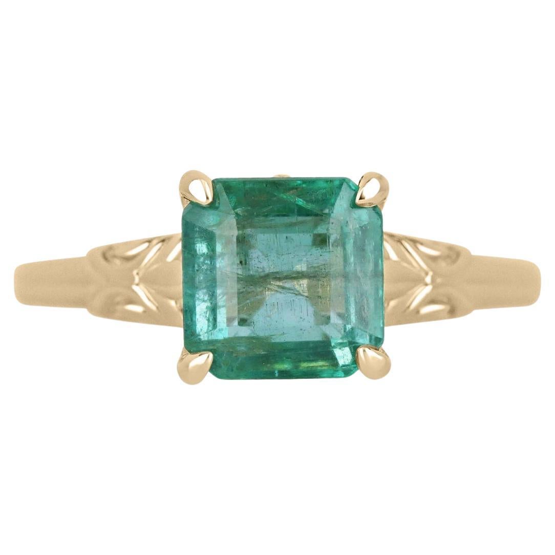 Bague en or 14 carats avec une émeraude naturelle de 2,37 carats de taille Asscher dans un fleur royal