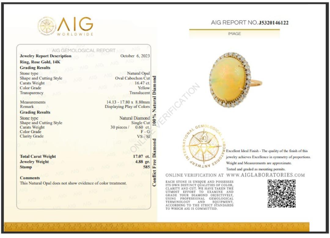 14K Gold Ring Genuine Opal  Diamond Halo  IAG Certified Gemstones woman´s ring For Sale 7