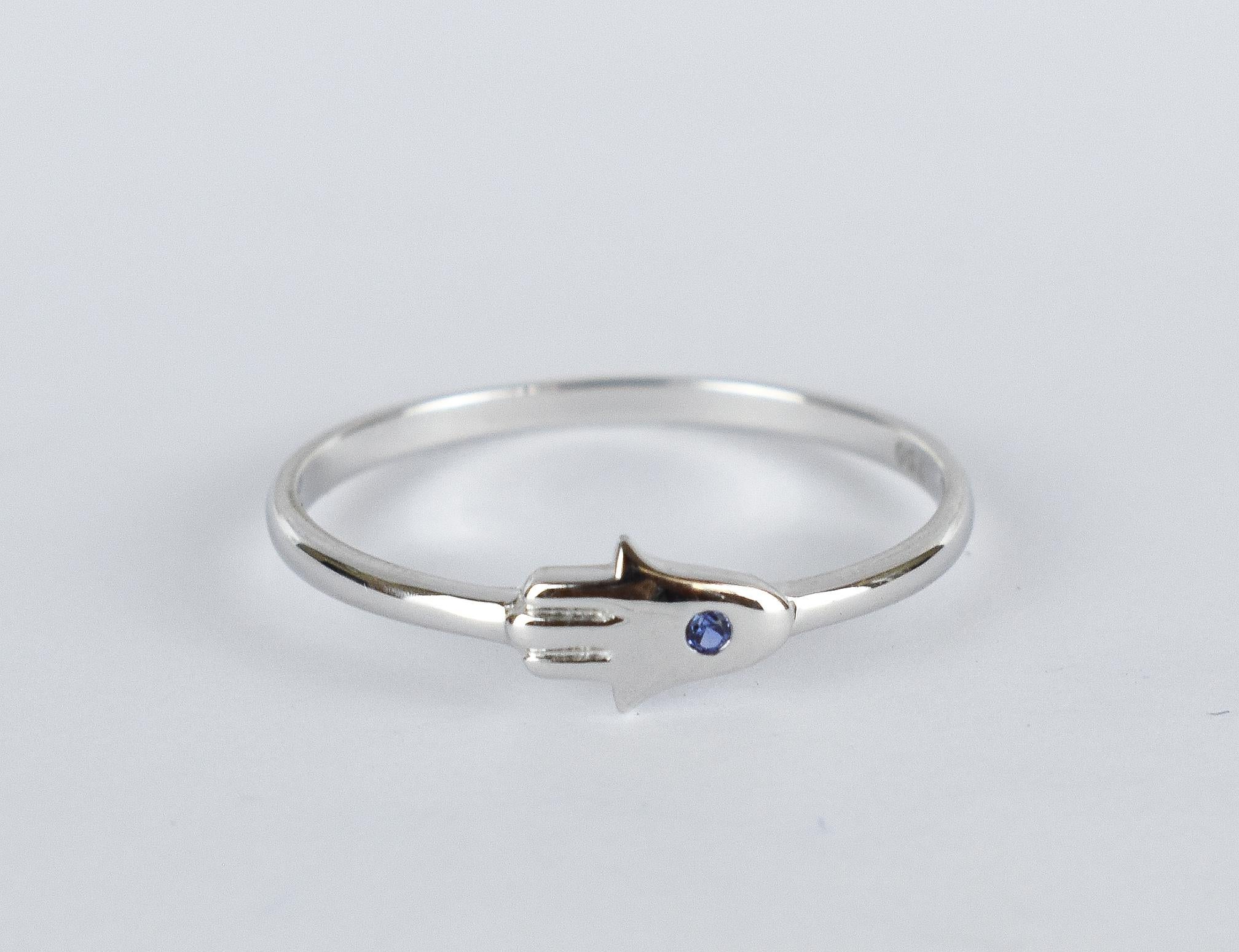 For Sale:  14k Gold Ring Hamsa Hand Ring Natural Blue Sapphire Ring Hand of Fatima Ring 4