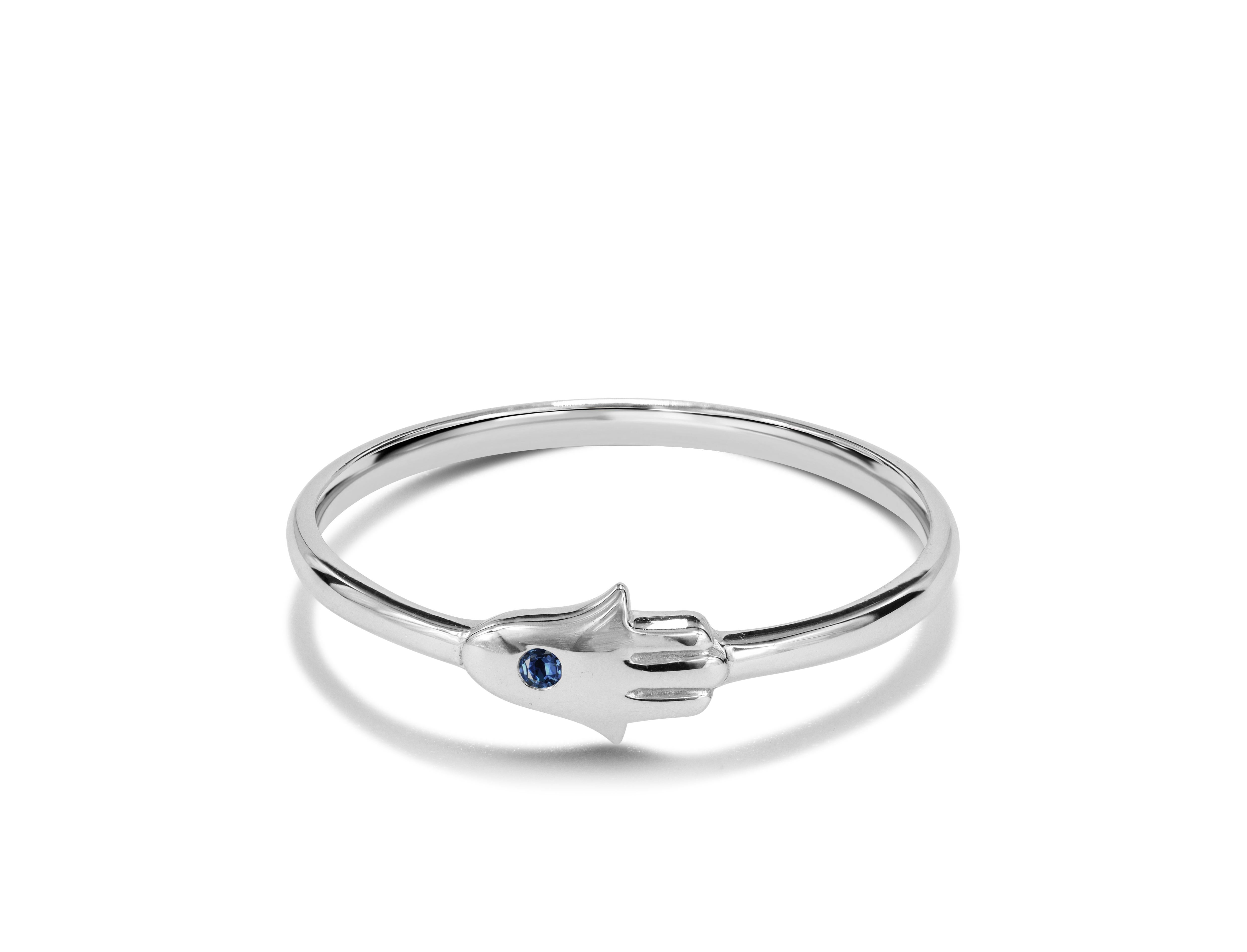 For Sale:  14k Gold Ring Hamsa Hand Ring Natural Blue Sapphire Ring Hand of Fatima Ring 2