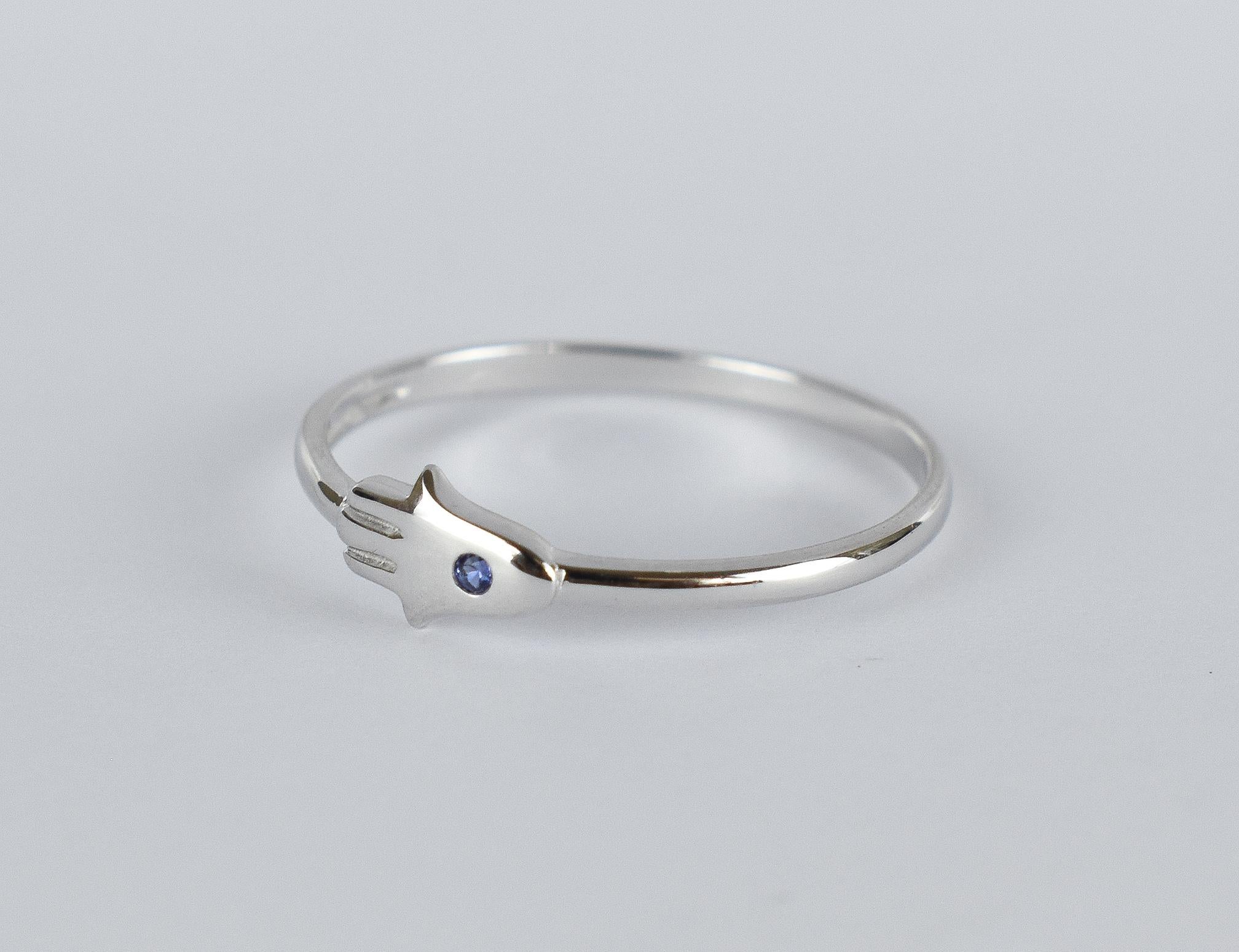 For Sale:  14k Gold Ring Hamsa Hand Ring Natural Blue Sapphire Ring Hand of Fatima Ring 5