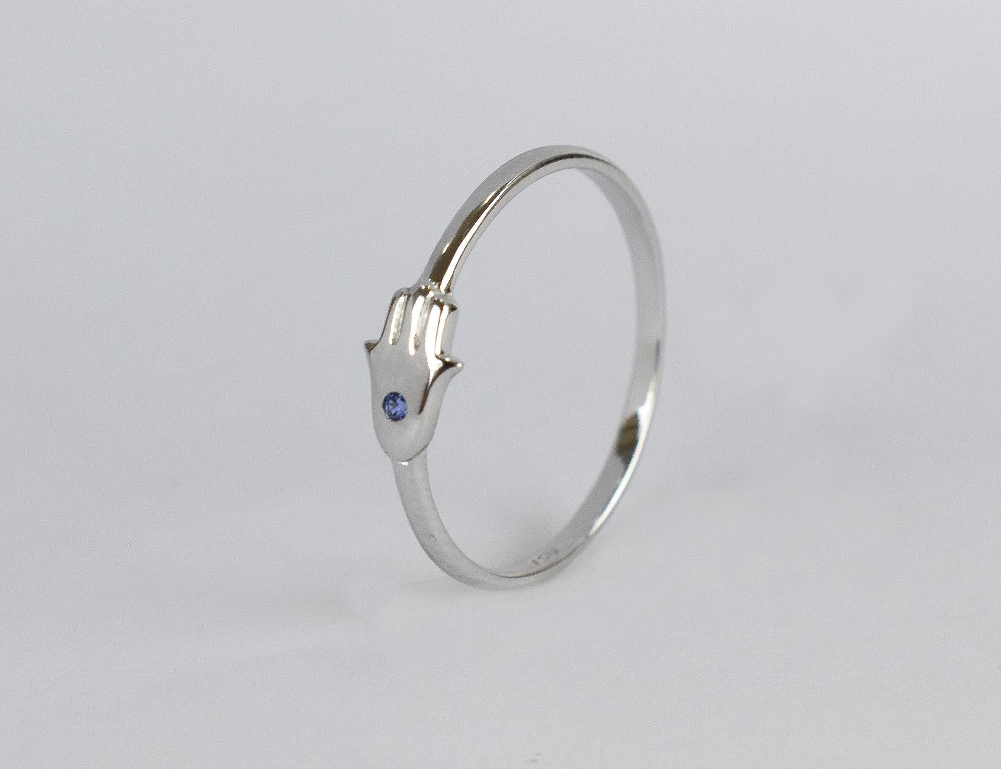 For Sale:  14k Gold Ring Hamsa Hand Ring Natural Blue Sapphire Ring Hand of Fatima Ring 7