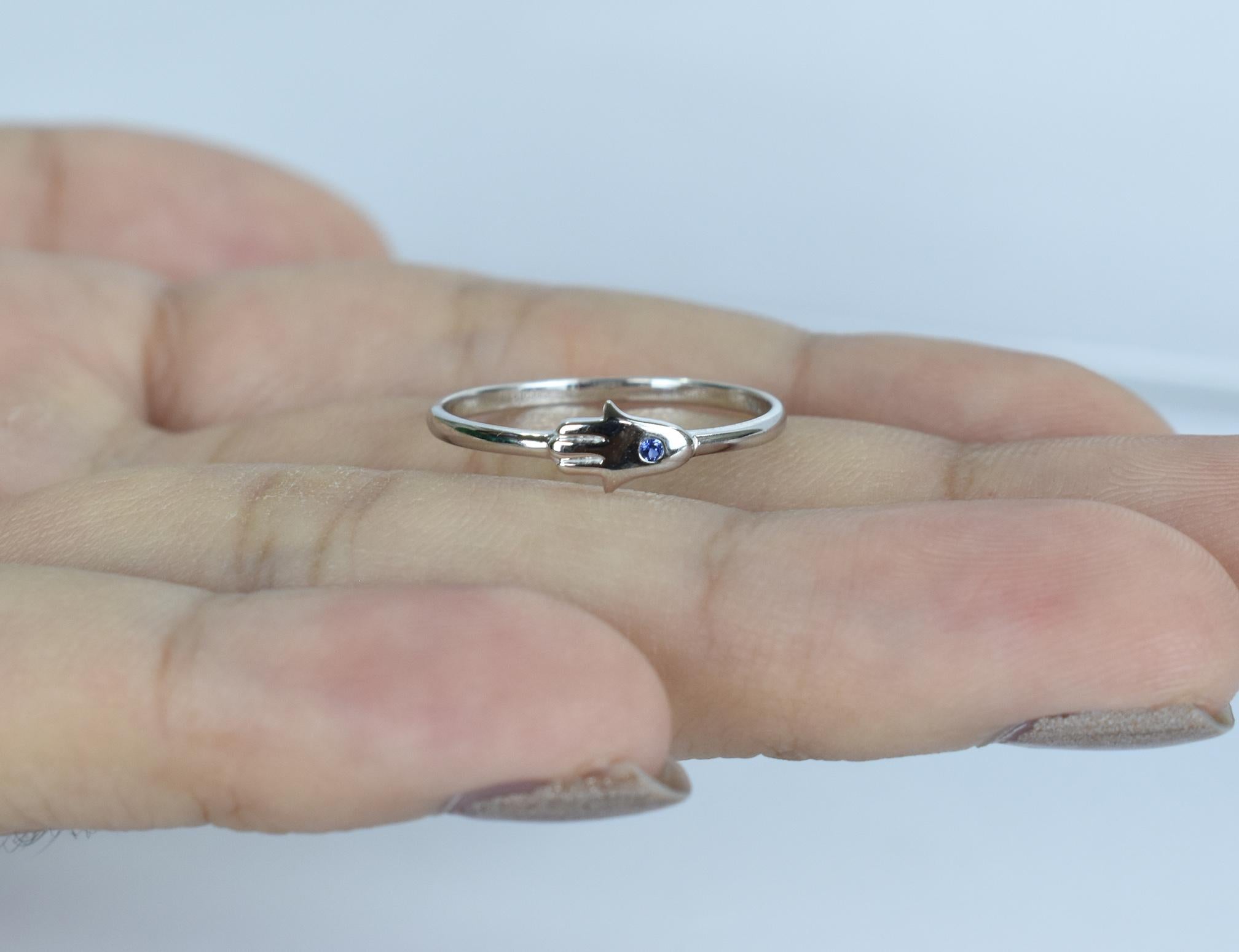 For Sale:  14k Gold Ring Hamsa Hand Ring Natural Blue Sapphire Ring Hand of Fatima Ring 8