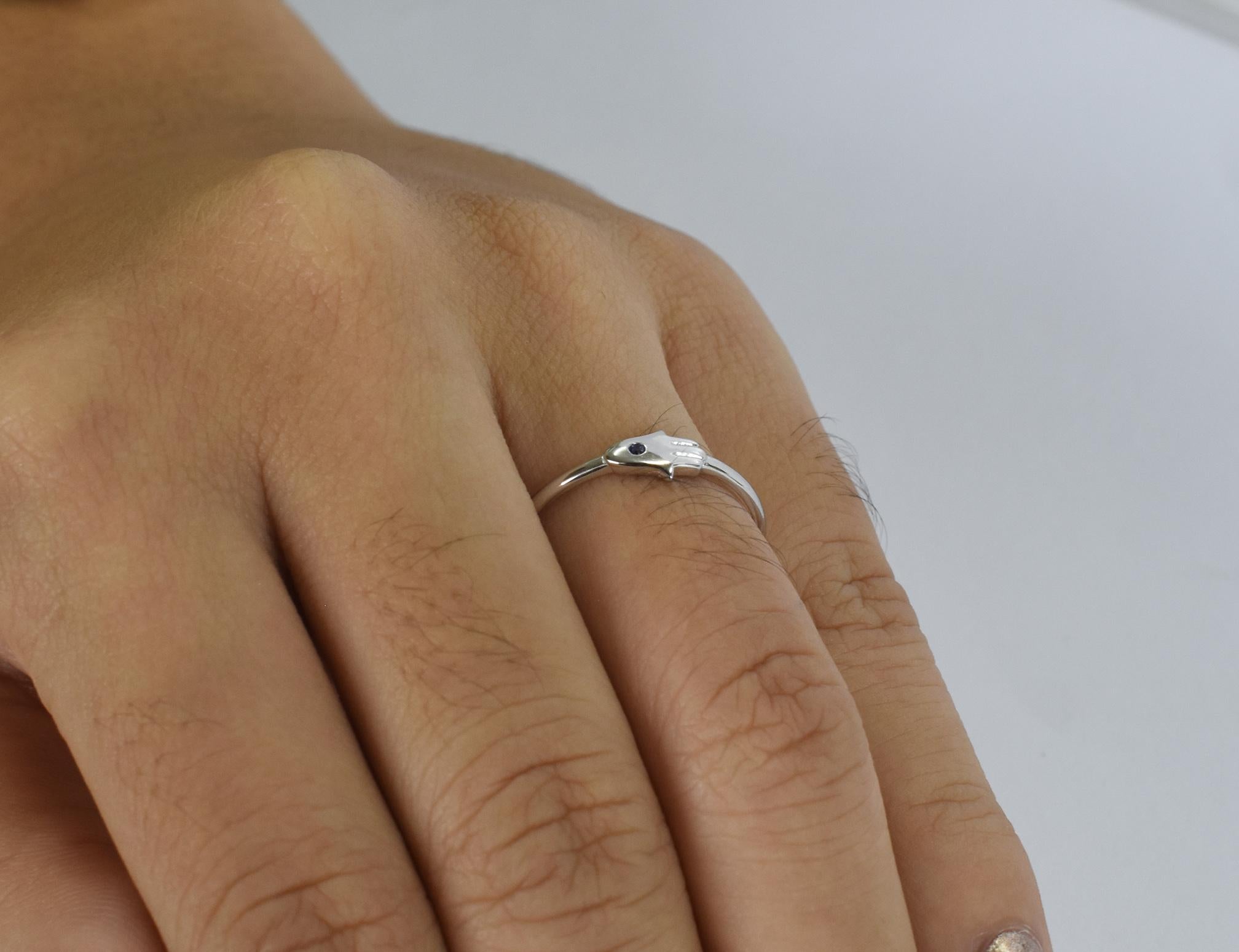 For Sale:  14k Gold Ring Hamsa Hand Ring Natural Blue Sapphire Ring Hand of Fatima Ring 9