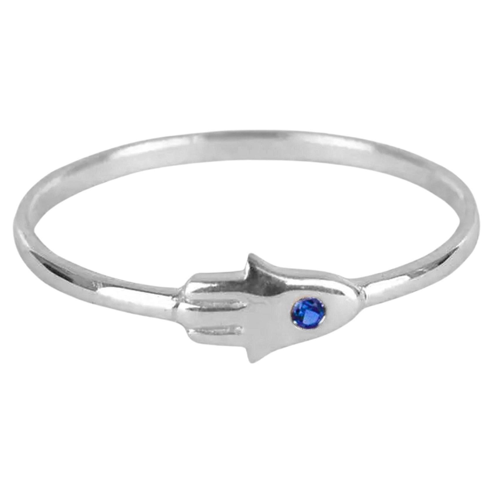 For Sale:  14k Gold Ring Hamsa Hand Ring Natural Blue Sapphire Ring Hand of Fatima Ring 3
