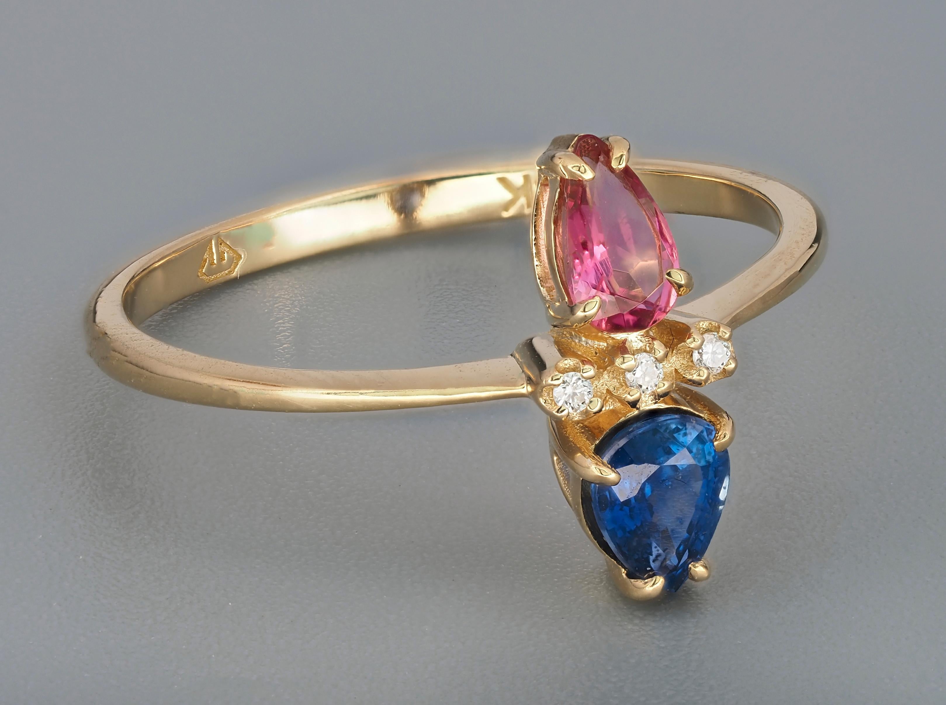 For Sale:  14k Gold Ring in Art Deco Style with Central Sapphire, Tourmaline and Diamonds 2