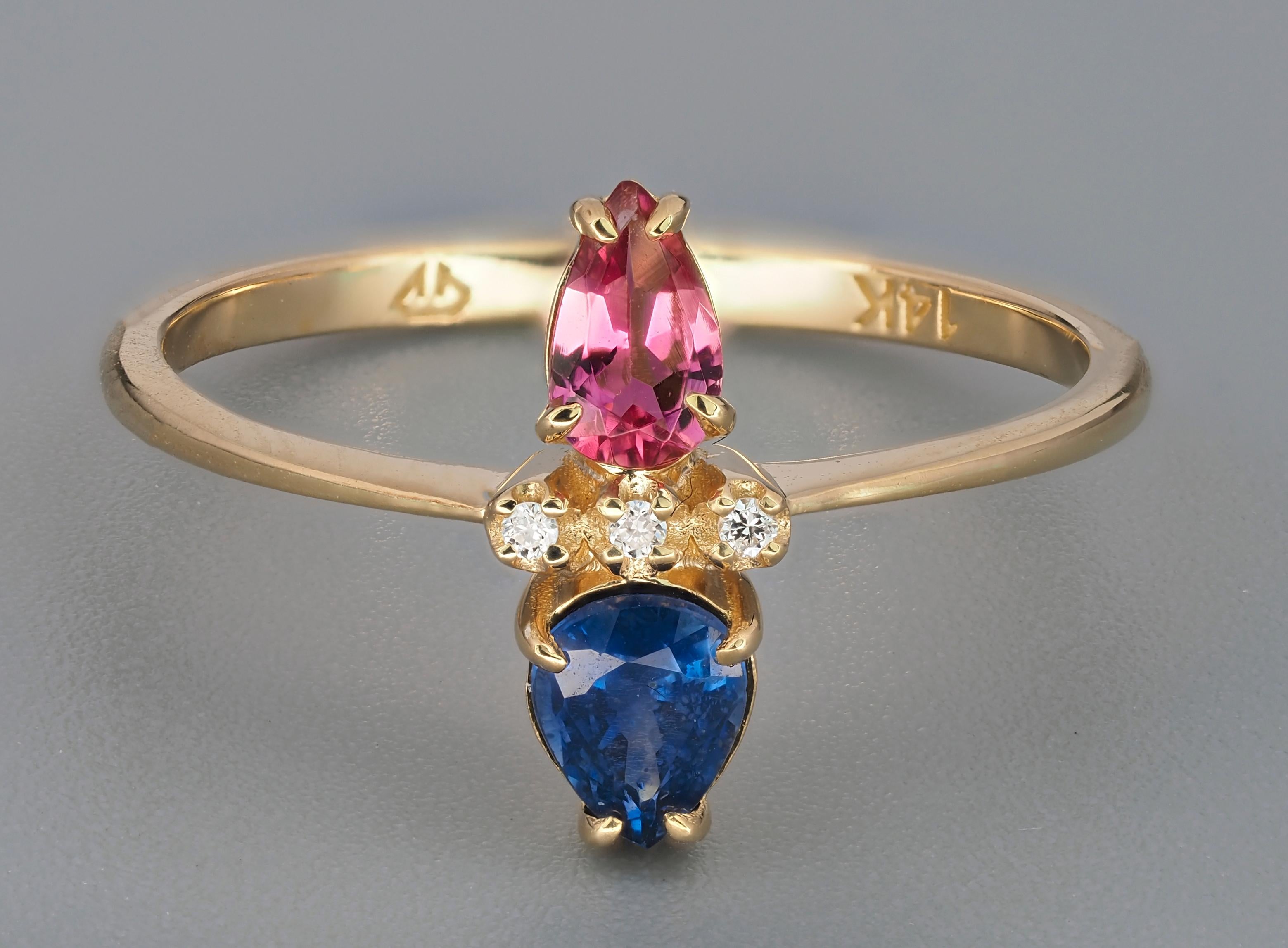 For Sale:  14k Gold Ring in Art Deco Style with Central Sapphire, Tourmaline and Diamonds 3