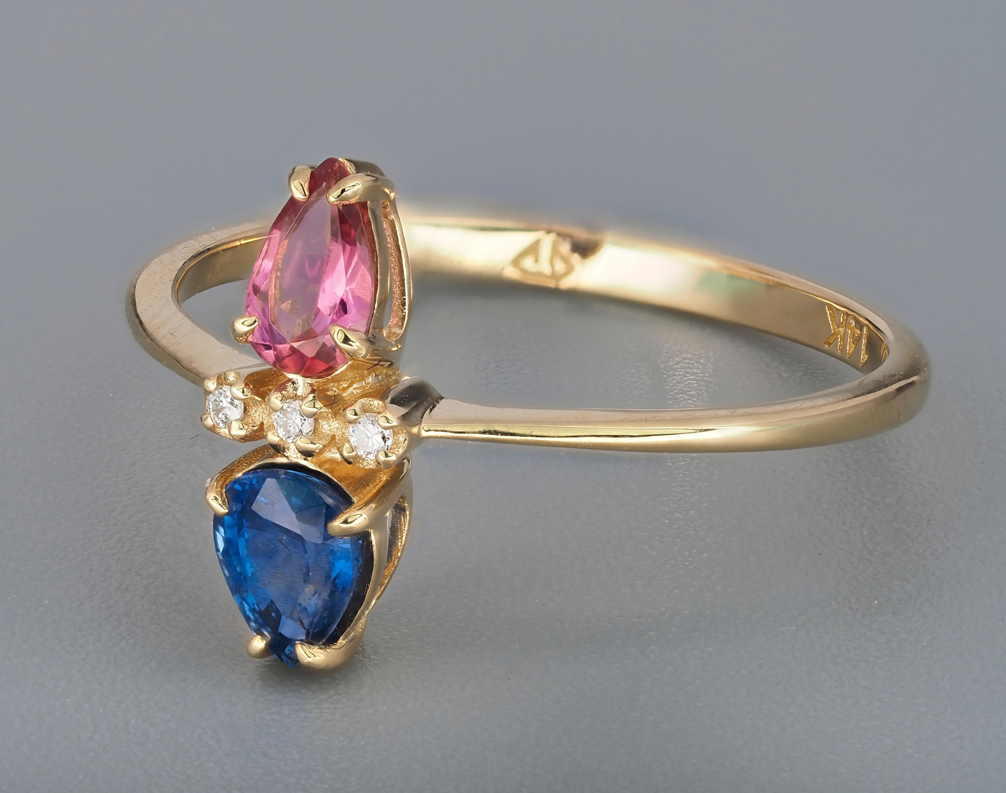 For Sale:  14k Gold Ring in Art Deco Style with Central Sapphire, Tourmaline and Diamonds 4