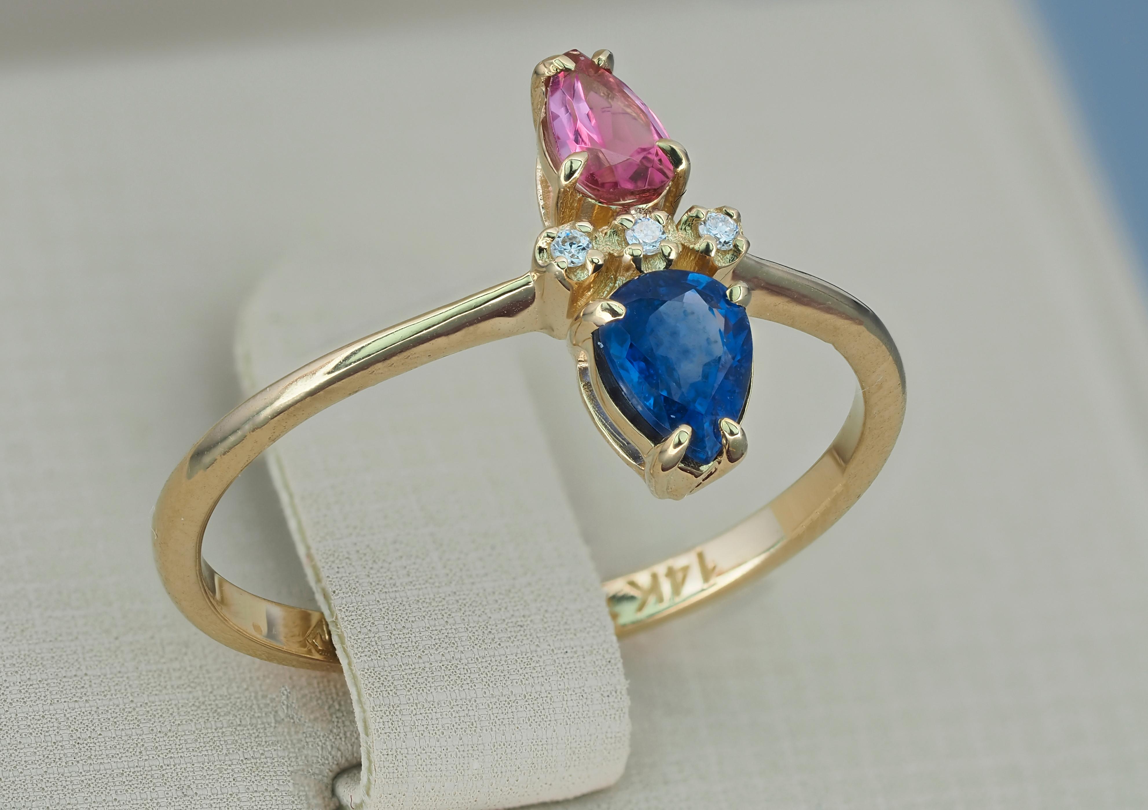 For Sale:  14k Gold Ring in Art Deco Style with Central Sapphire, Tourmaline and Diamonds 6